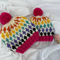 Knitting Colorful Pattern Beanie, Hand knitted Pom Pom Winter Hat