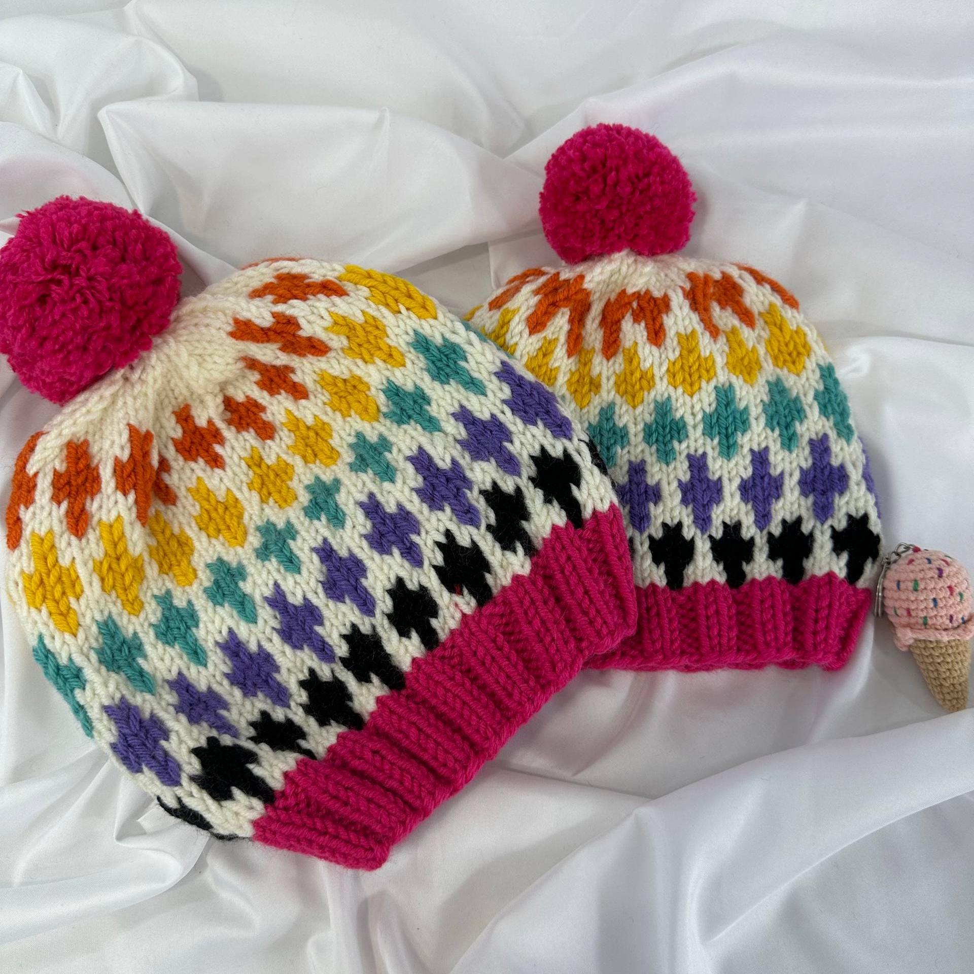 Knitting Colorful Pattern Beanie, Hand knitted Pom Pom Winter Hat