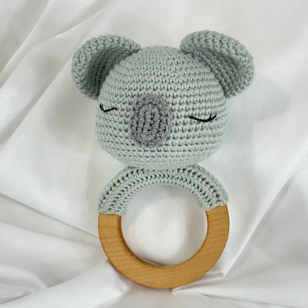 Handmade Crochet Koala Rattle, Natural Wooden Ring Baby Toy, Amigurumi Gift