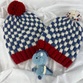Hand Knitted Red, White, and Blue Pom Pom Beanie, Matching Adult & Kid Hats
