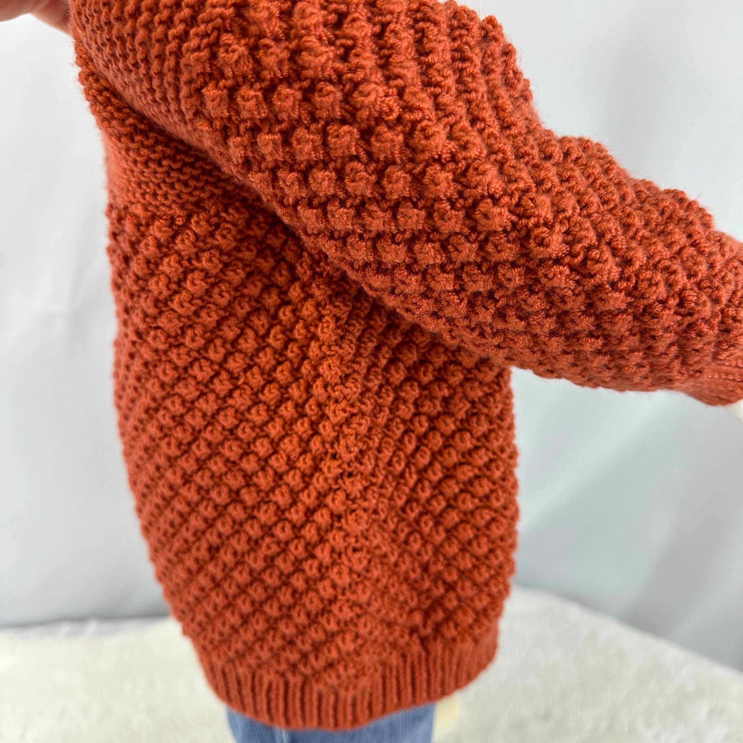 Hand Knit Baby Cardigan, Rust Orange Sweater, Wooden Buttons, 18-24 Month