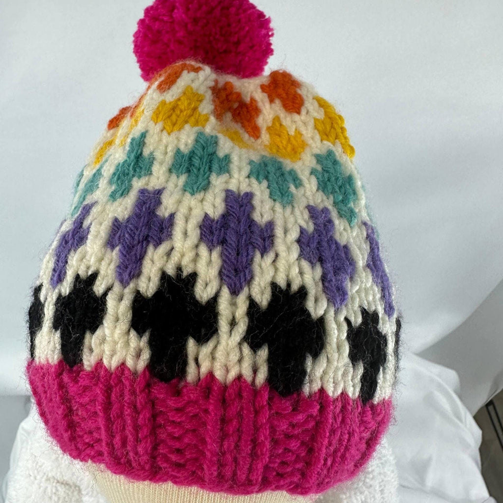 Knitting Colorful Pattern Beanie, Hand knitted Pom Pom Winter Hat