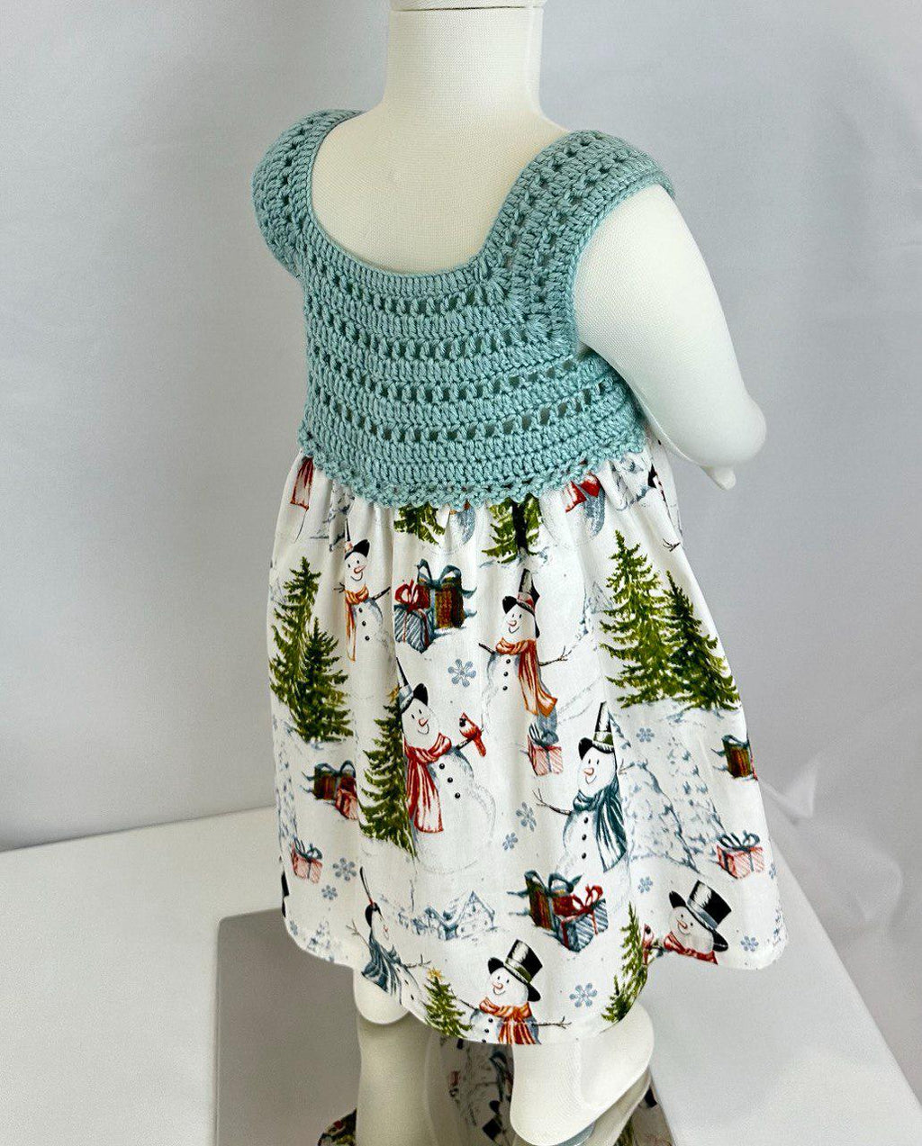 Hand-Knitted Christmas Baby Dress, Snowman Print Cotton Skirt,6-12 Month