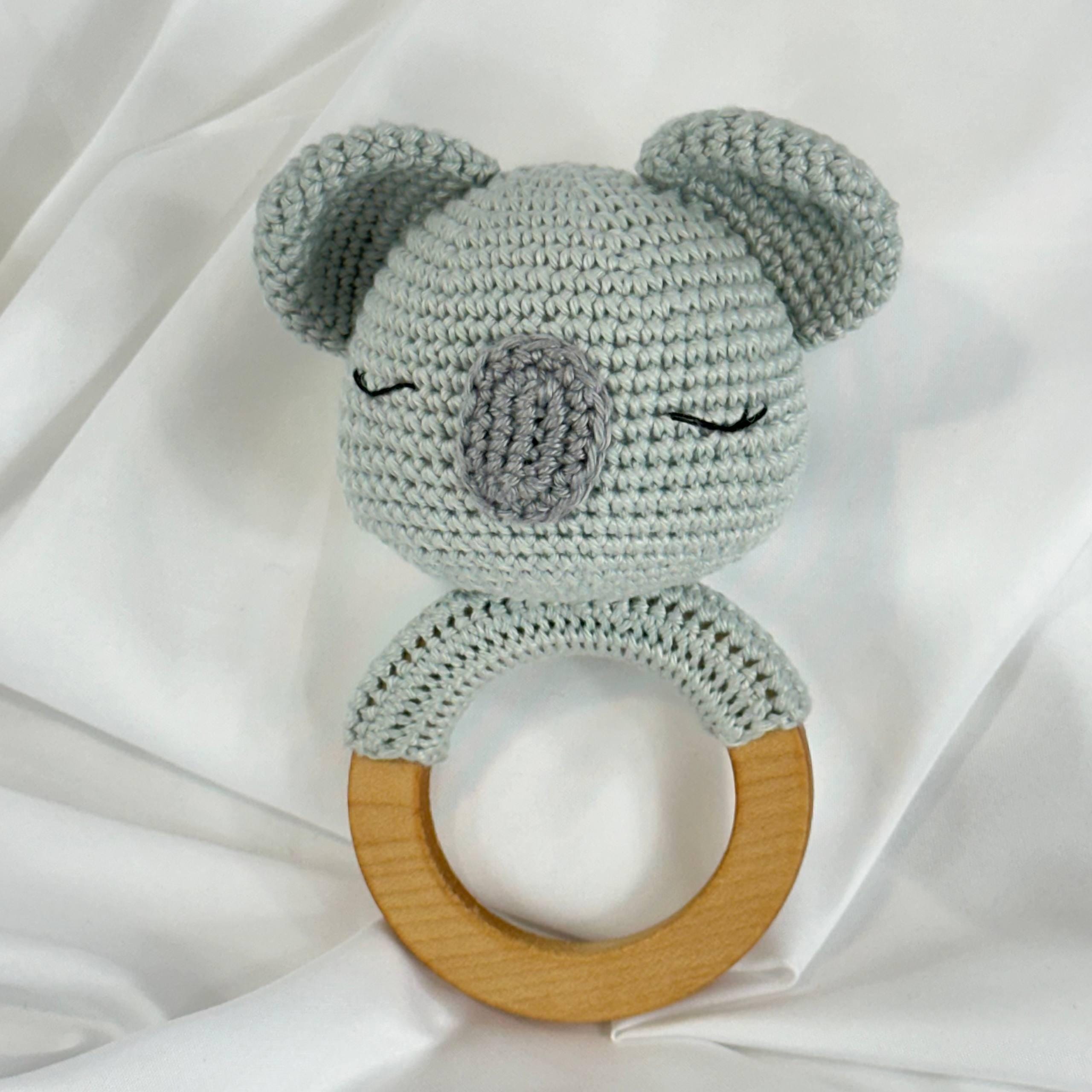 Handmade Crochet Koala Rattle, Natural Wooden Ring Baby Toy, Amigurumi Gift