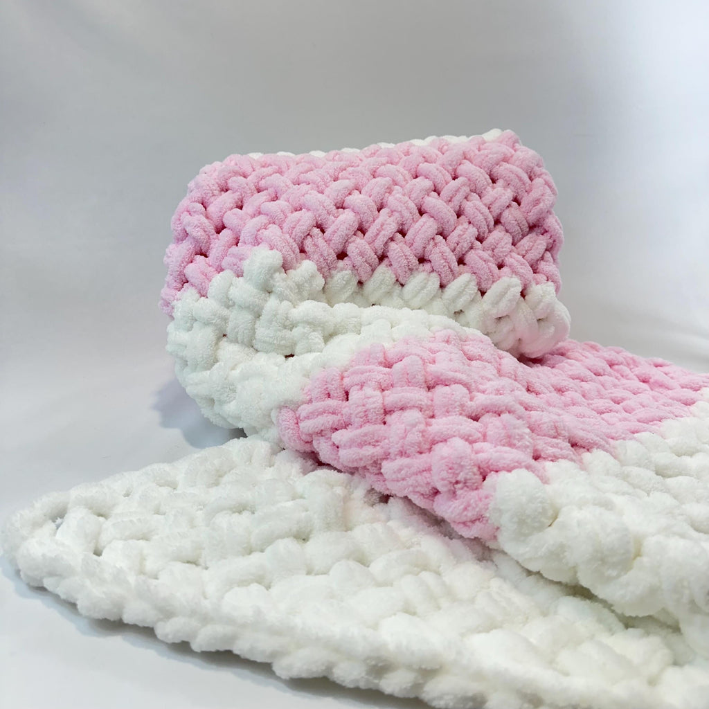 Hand Knitted Chunky Baby Blanket, Pink and White Nursery Decor