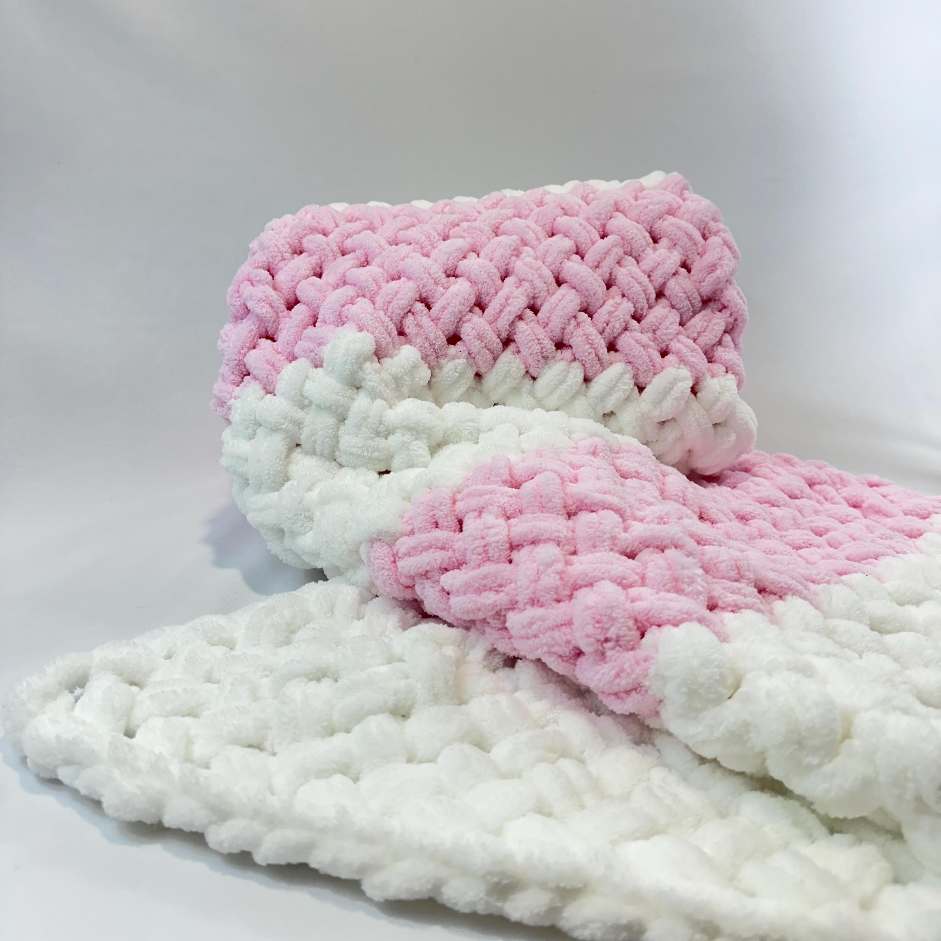 Hand Knitted Chunky Baby Blanket, Pink and White Nursery Decor