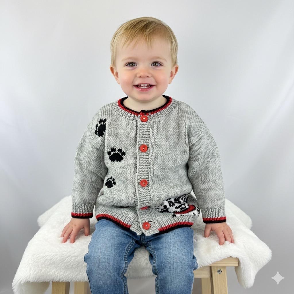 Hand-Knitted Dalmatian Baby Cardigan, Dog Sweater, Grey & Red, 9-18 Month