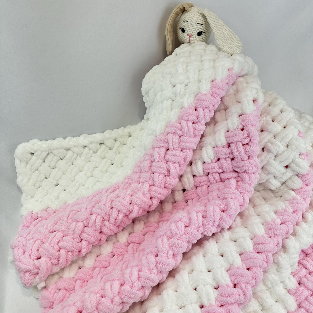 Hand Knitted Chunky Baby Blanket, Pink and White Nursery Decor