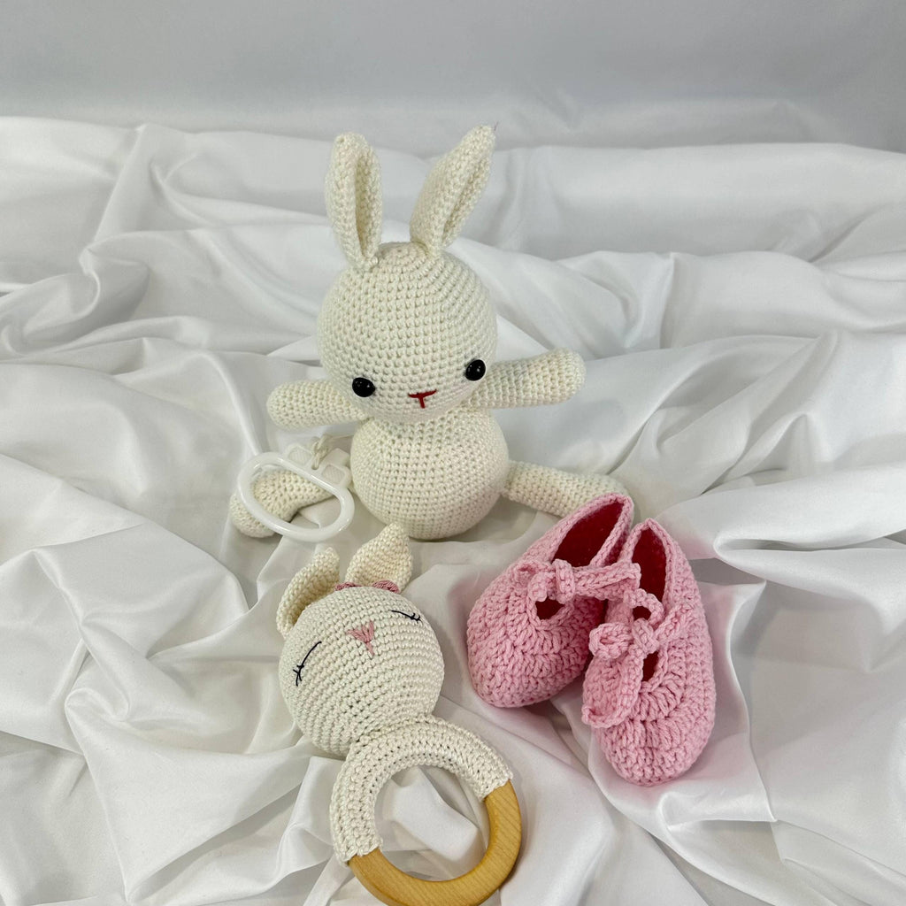 Handmade Crochet Baby Gift Set: Bunny Plush, Wooden Teether, Booties