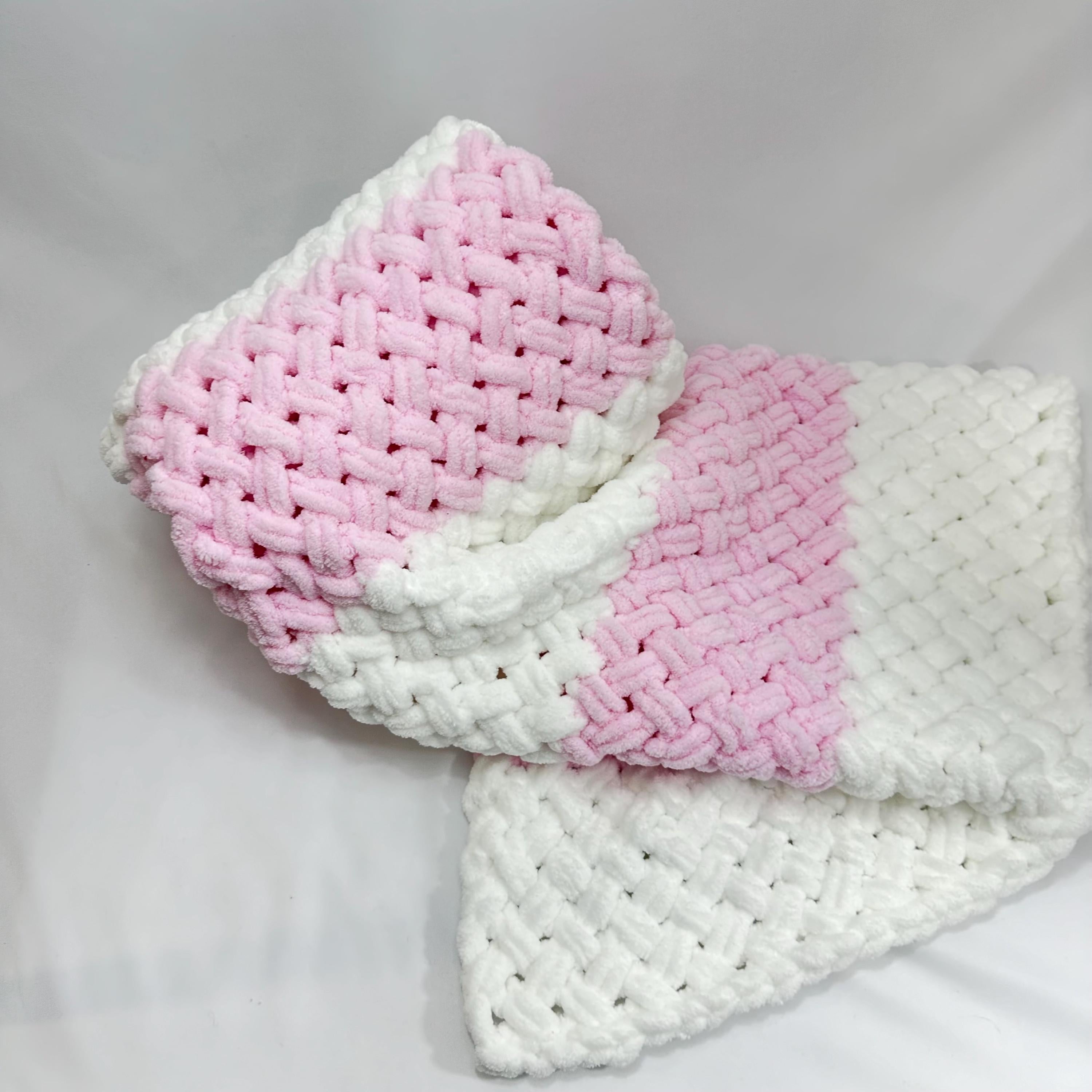 Hand Knitted Chunky Baby Blanket, Pink and White Nursery Decor