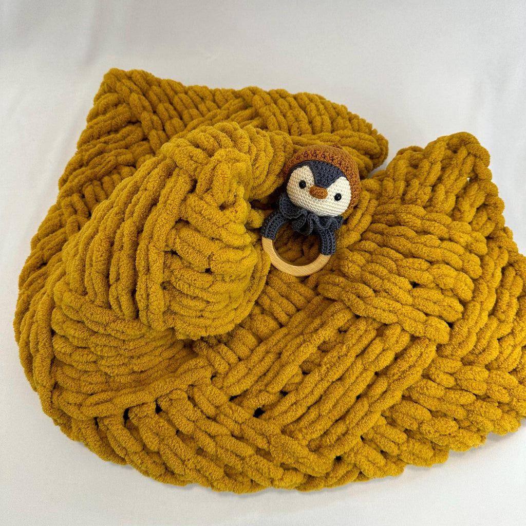 Hand Knitted Chunky Baby Blanket, Mustard Yellow Stroller Blanket
