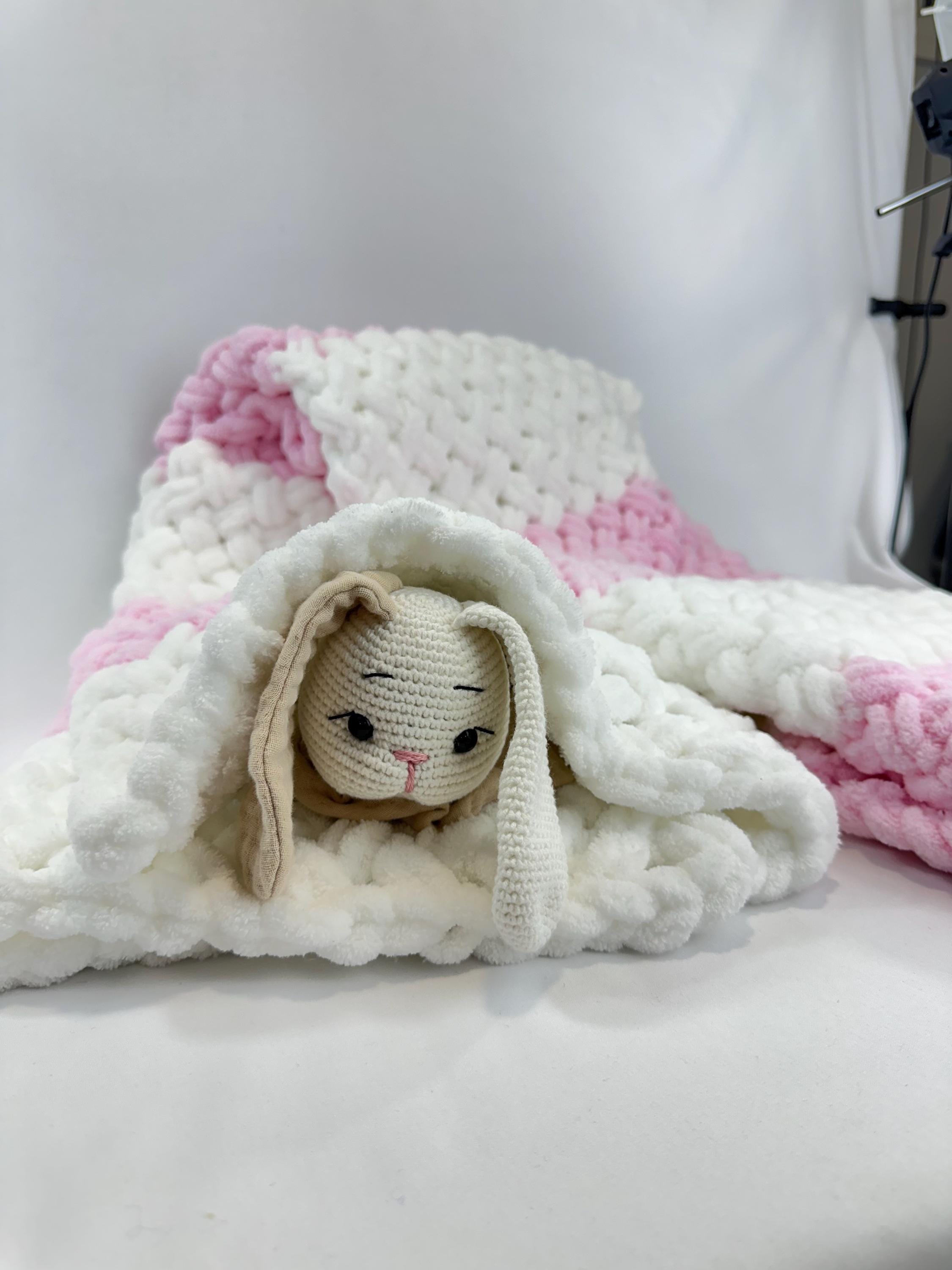Hand Knitted Chunky Baby Blanket, Pink and White Nursery Decor