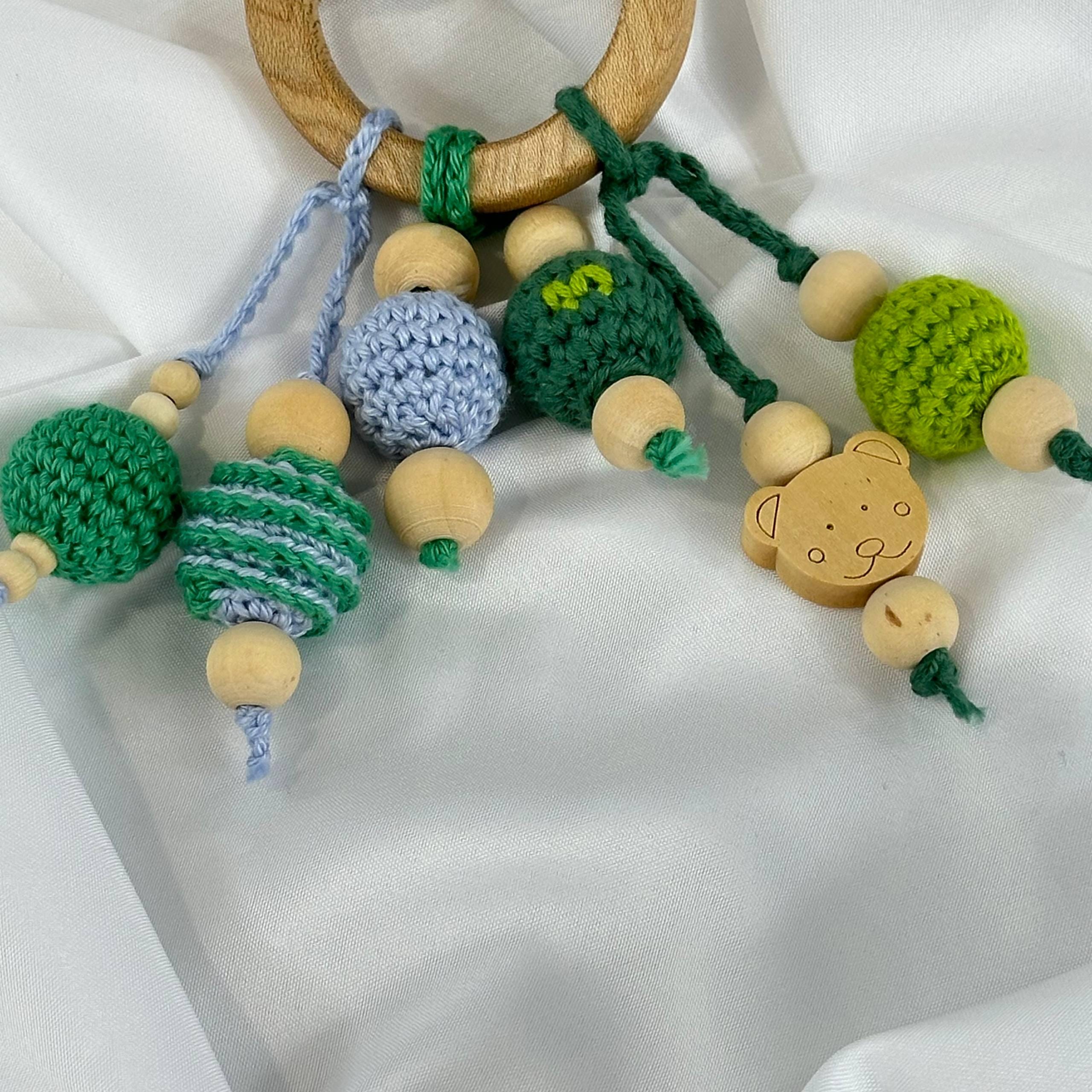 Handmade Crochet Tree Frog Baby Rattle, Wooden Beads and Sensory Toy