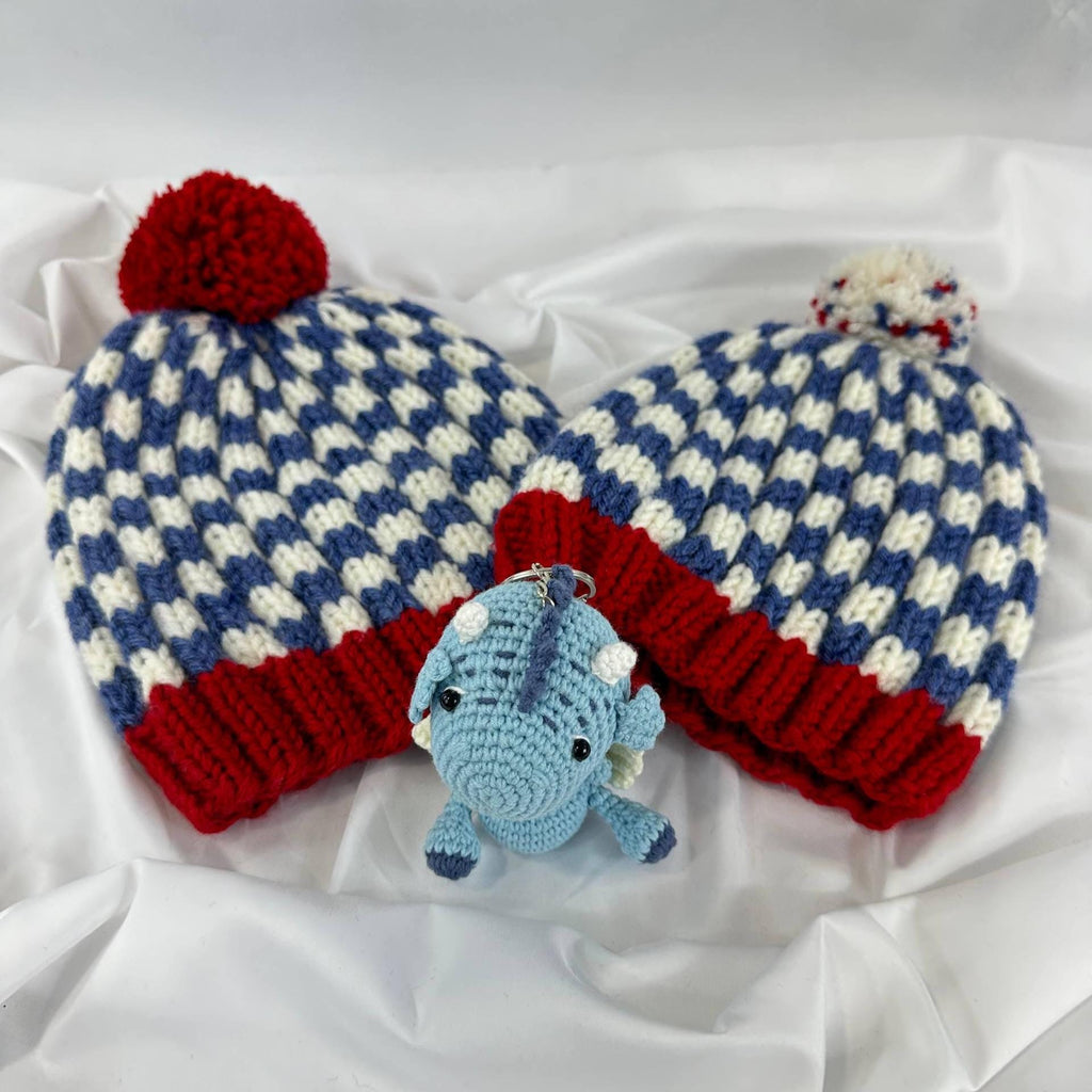 Hand Knitted Red, White, and Blue Pom Pom Beanie, Matching Adult & Kid Hats
