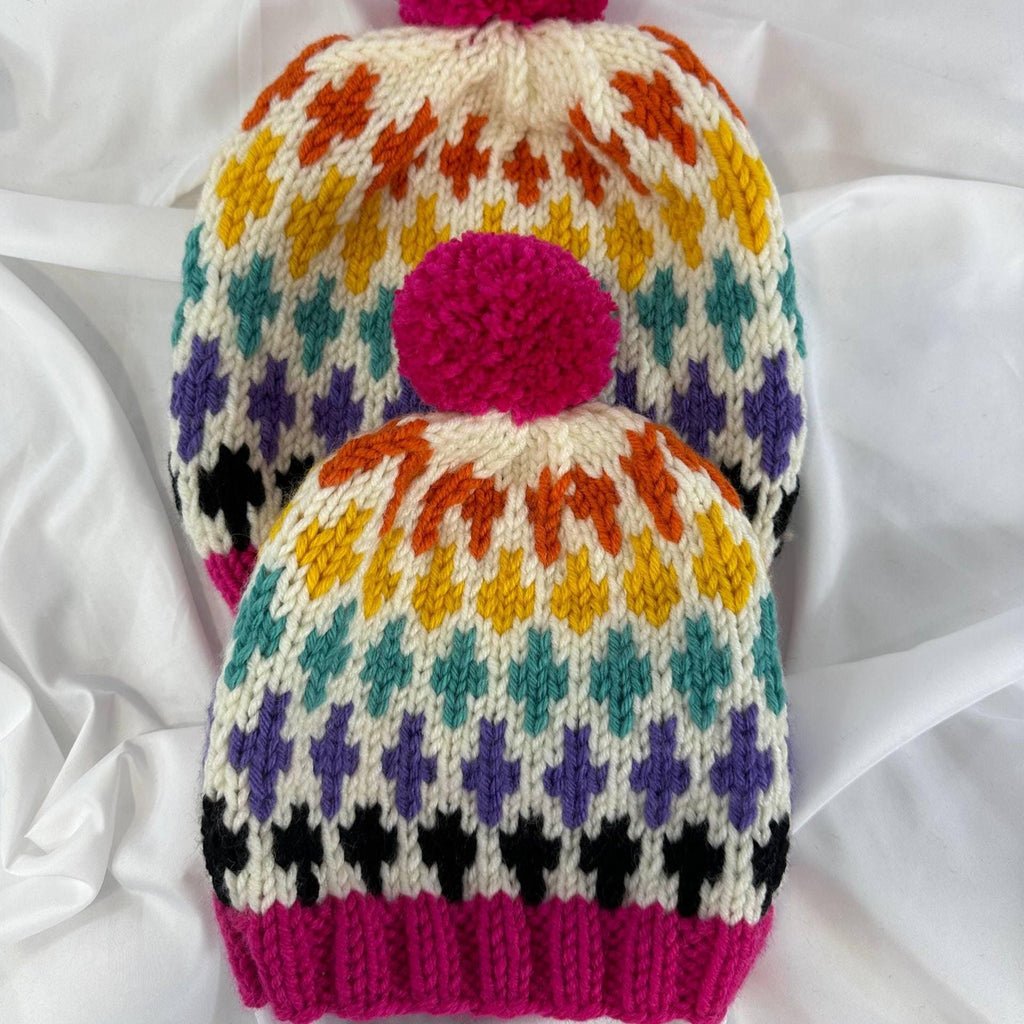 Knitting Colorful Pattern Beanie, Hand knitted Pom Pom Winter Hat