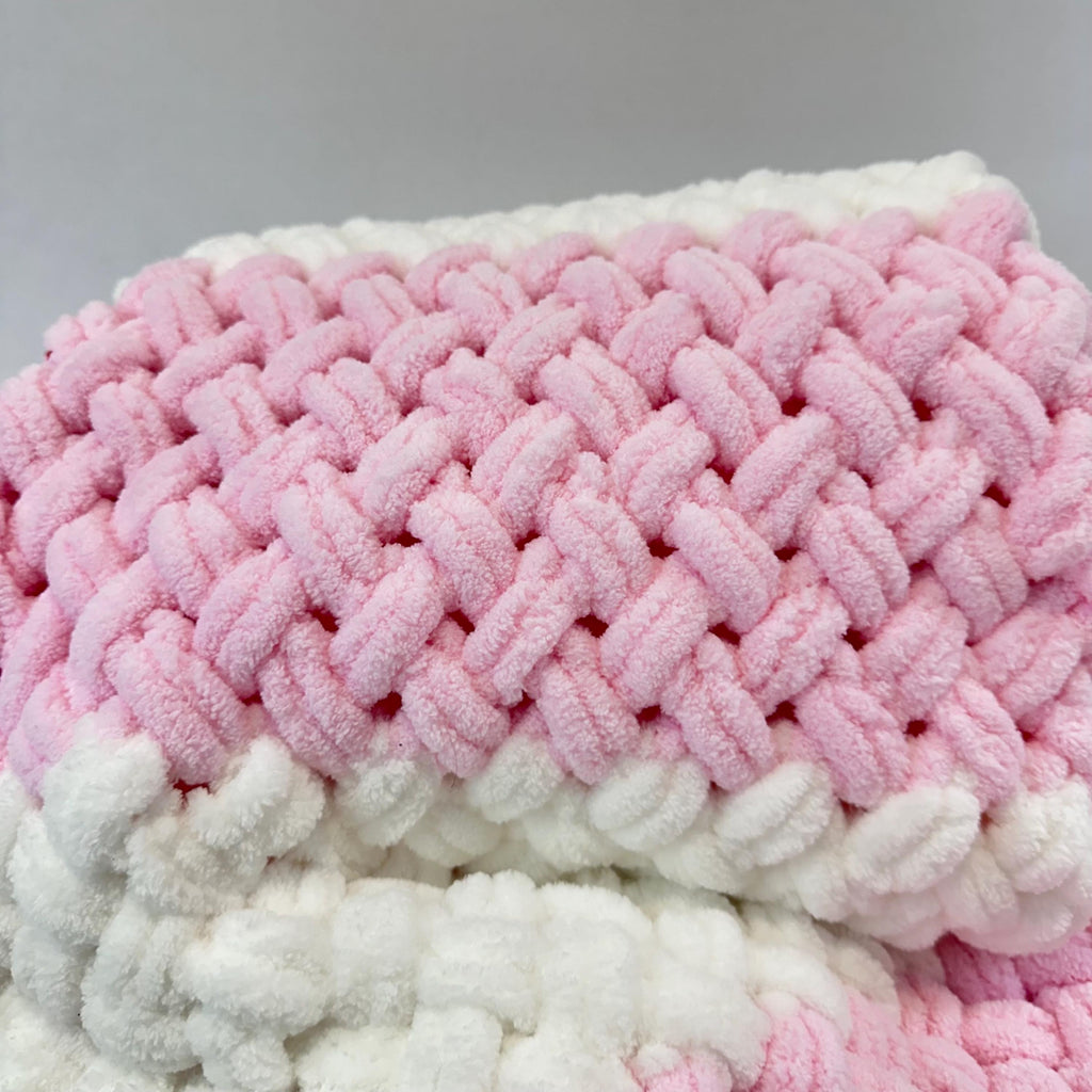 Hand Knitted Chunky Baby Blanket, Pink and White Nursery Decor