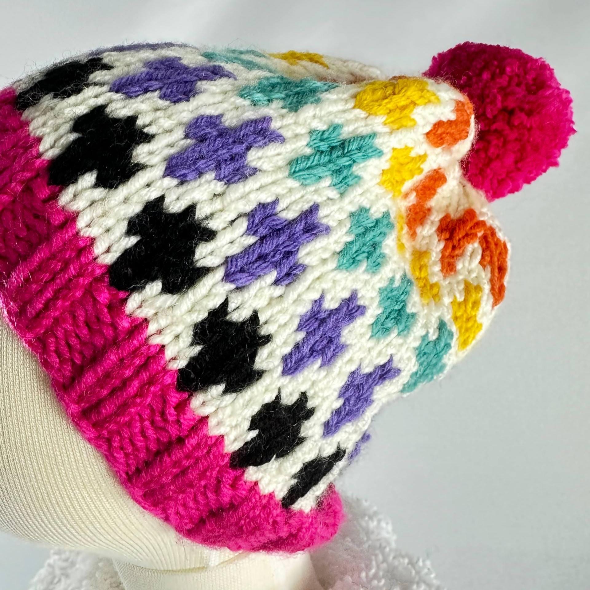 Knitting Colorful Pattern Beanie, Hand knitted Pom Pom Winter Hat