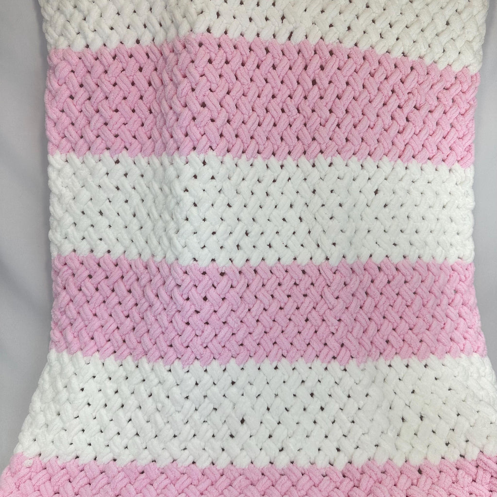 Hand Knitted Chunky Baby Blanket, Pink and White Nursery Decor