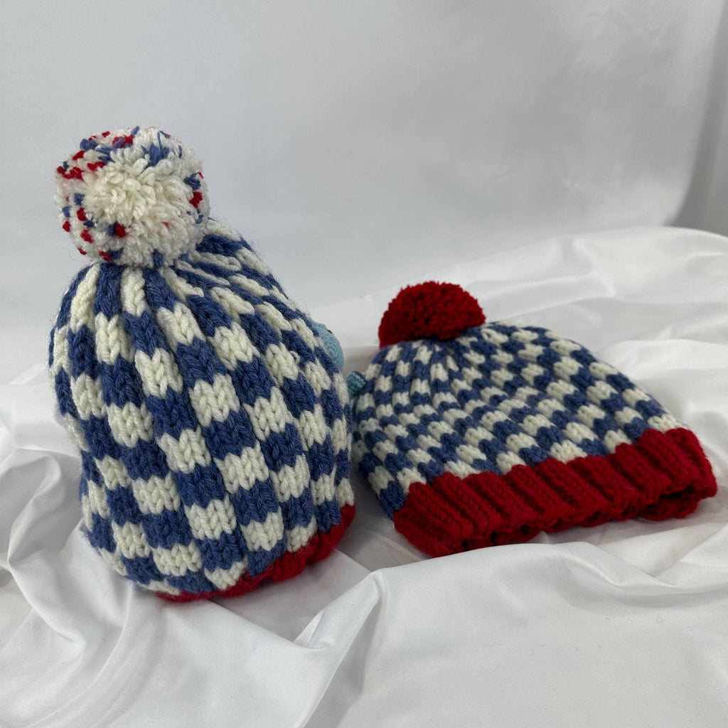 Hand Knitted Red, White, and Blue Pom Pom Beanie, Matching Adult & Kid Hats