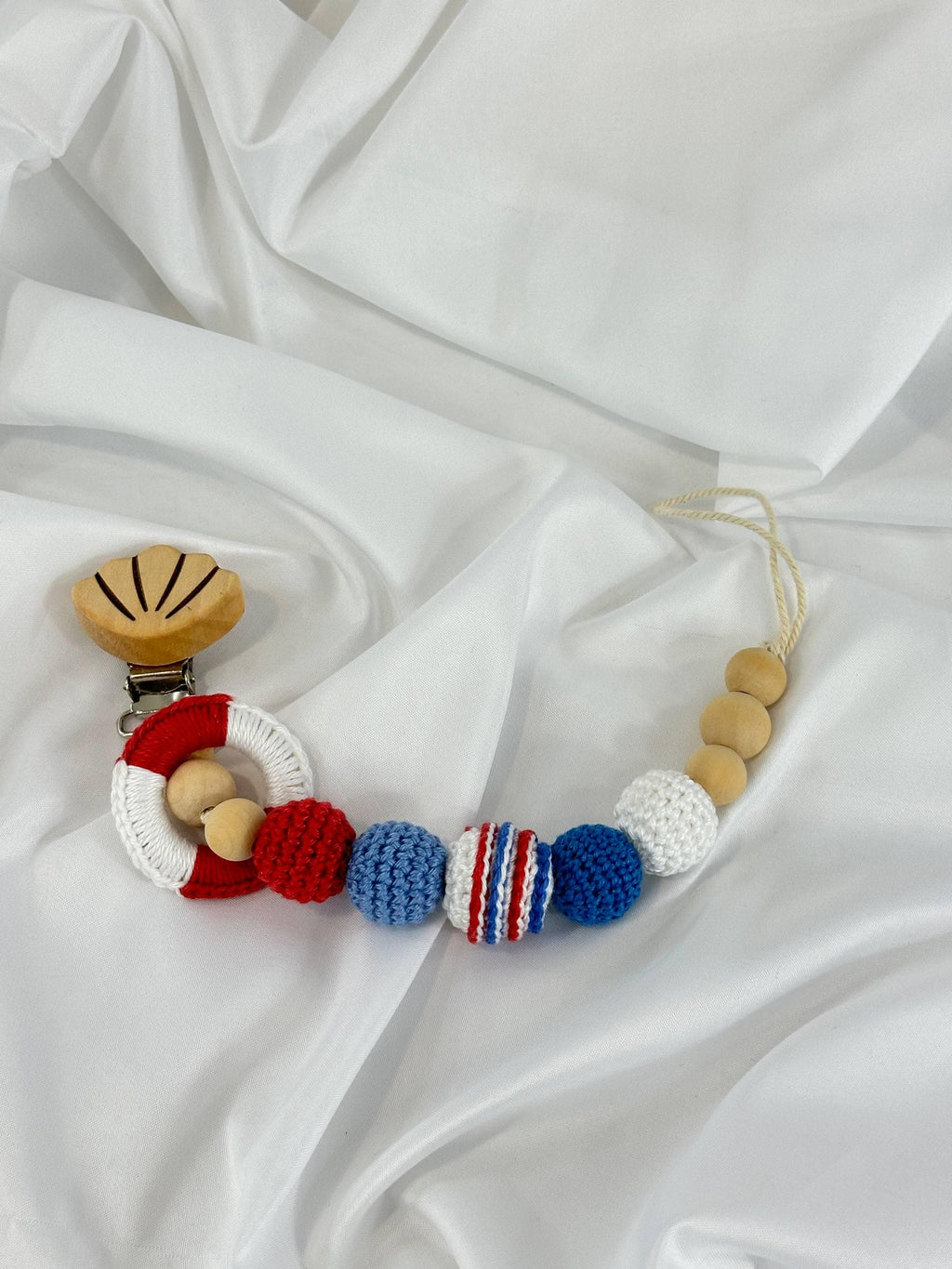 Handmade Crochet Baby Pacifier Clip, Red White Blue Wooden Beads, Sensory Toy for Infants
