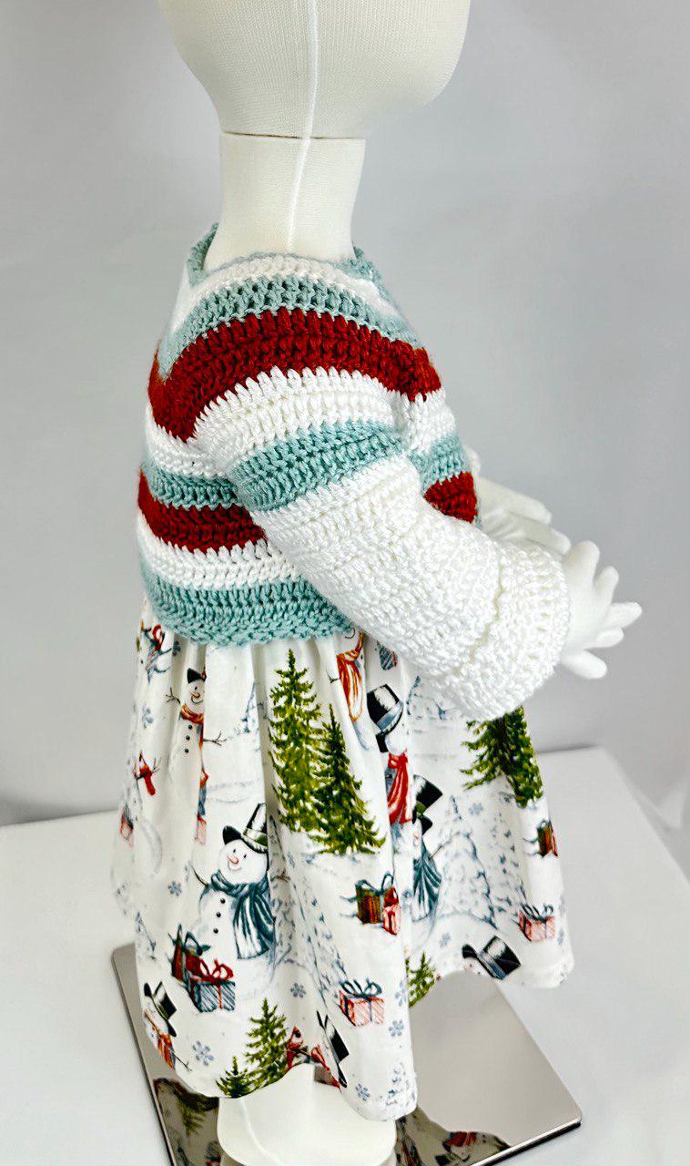 Hand-Knitted Christmas Baby Dress, Snowman Print Cotton Skirt,6-12 Month