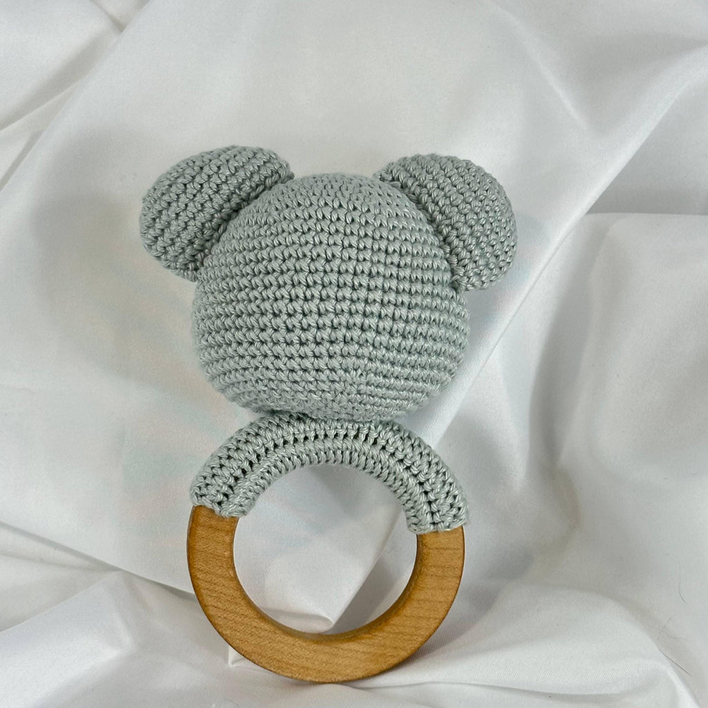 Handmade Crochet Koala Rattle, Natural Wooden Ring Baby Toy, Amigurumi Gift