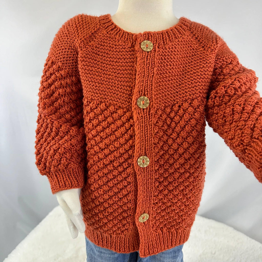 Hand Knit Baby Cardigan, Rust Orange Sweater, Wooden Buttons, 18-24 Month