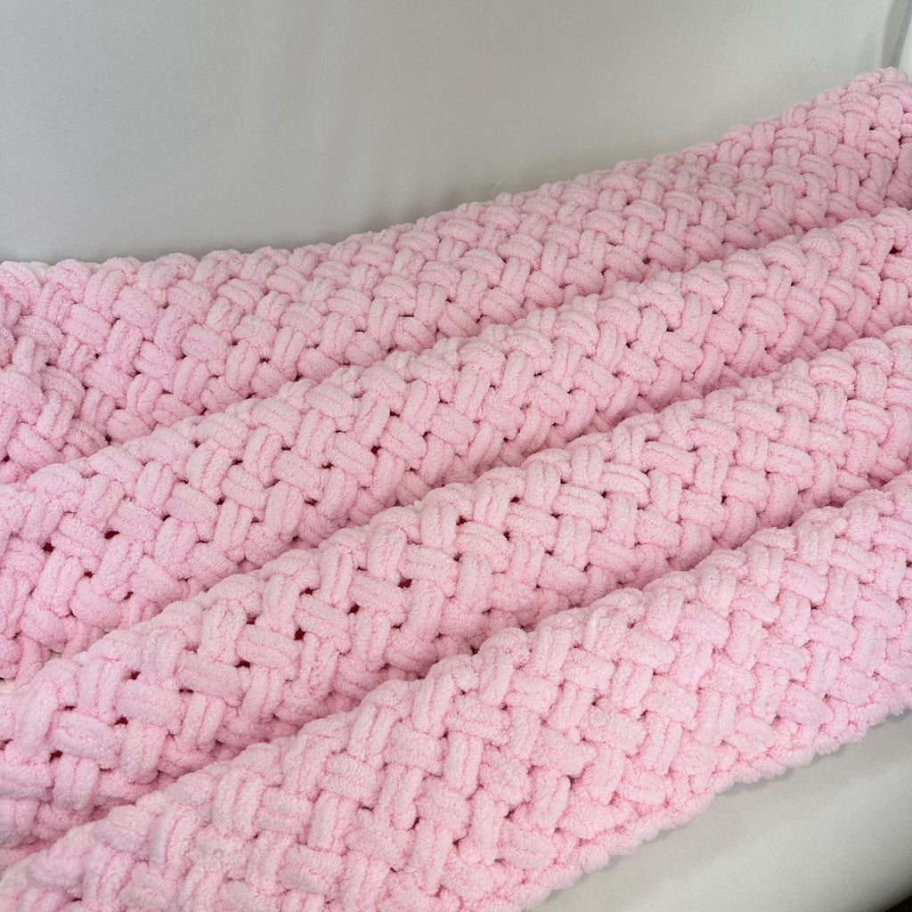 Hand Knitted Chunky Baby Blanket, Pink and White Nursery Decor