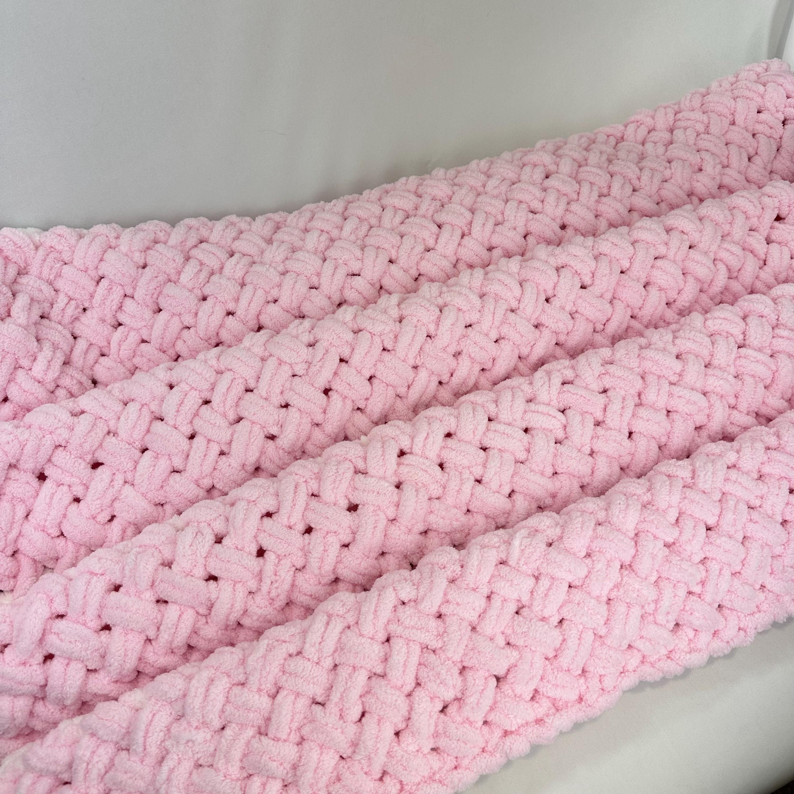 Hand Knitted Chunky Baby Blanket, Pink and White Nursery Decor