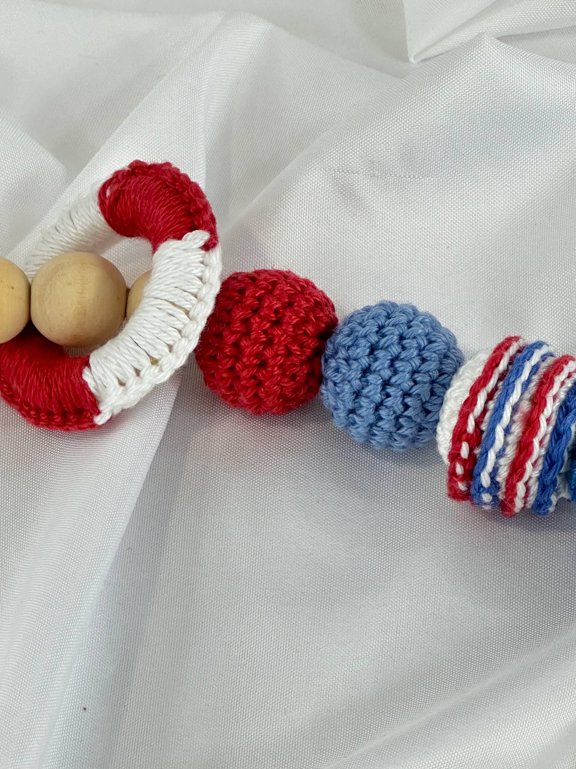 Handmade Crochet Baby Pacifier Clip, Red White Blue Wooden Beads, Sensory Toy for Infants
