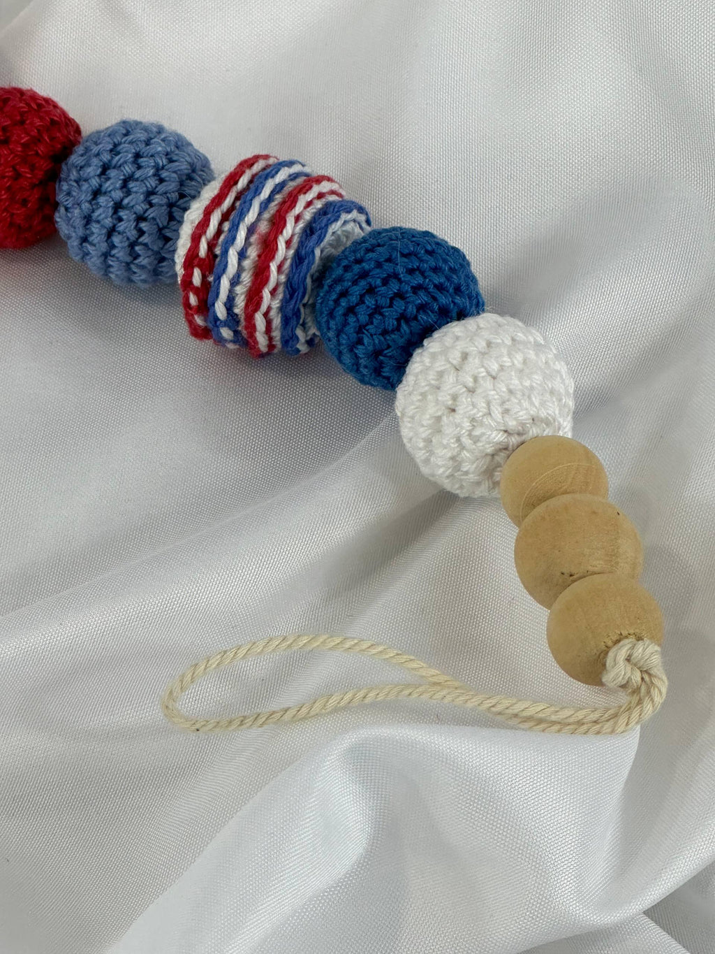 Handmade Crochet Baby Pacifier Clip, Red White Blue Wooden Beads, Sensory Toy for Infants