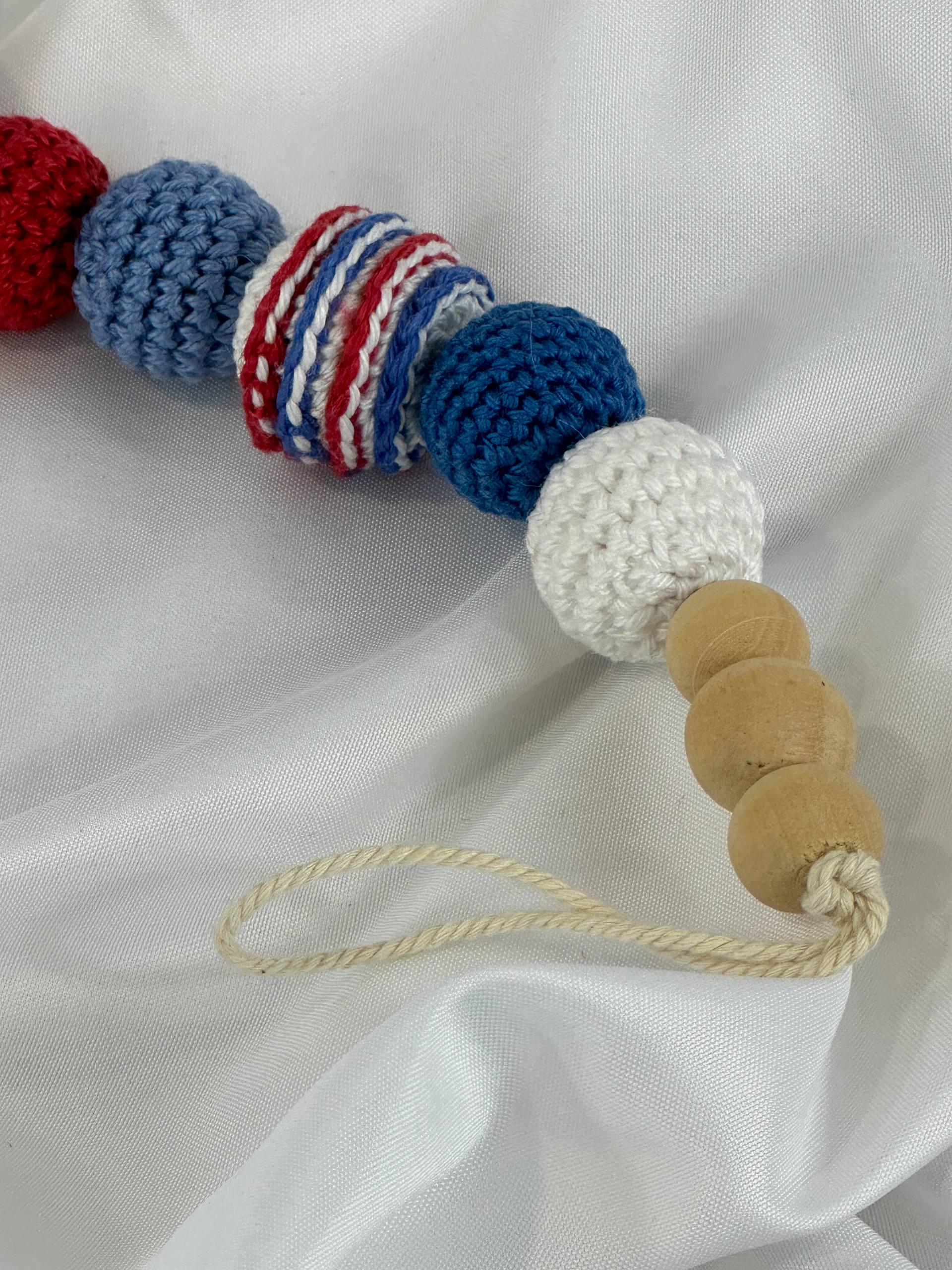 Handmade Crochet Baby Pacifier Clip, Red White Blue Wooden Beads, Sensory Toy for Infants
