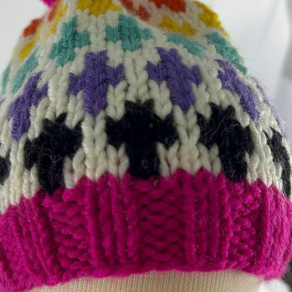 Knitting Colorful Pattern Beanie, Hand knitted Pom Pom Winter Hat