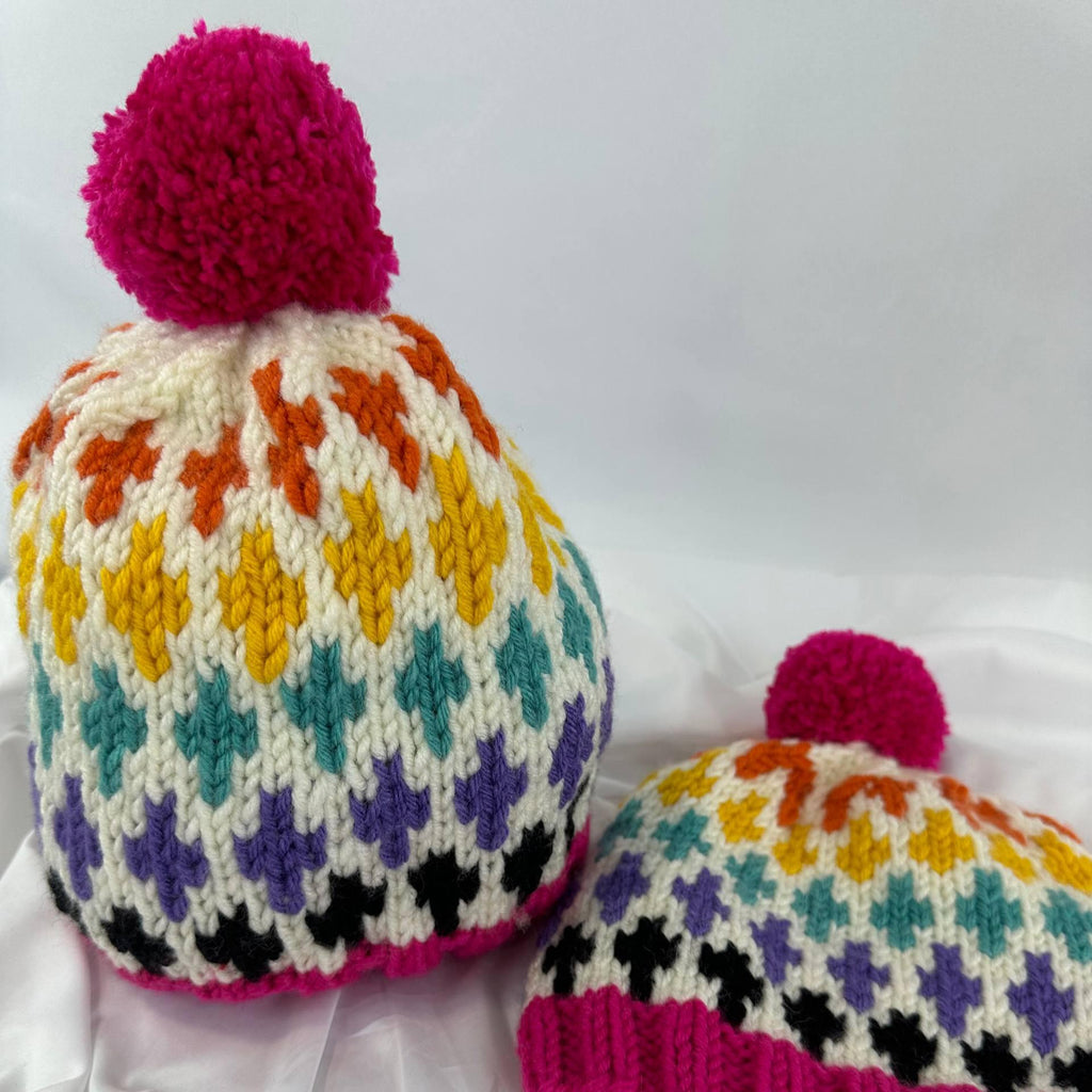 Knitting Colorful Pattern Beanie, Hand knitted Pom Pom Winter Hat