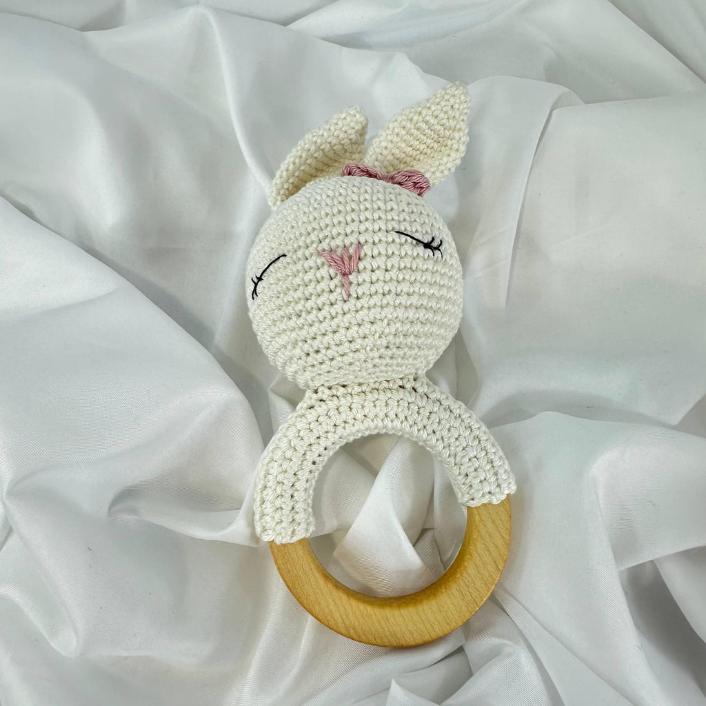 Handmade Crochet Baby Gift Set: Bunny Plush, Wooden Teether, Booties
