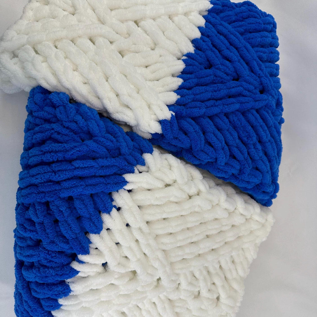 Hand Knitted Chunky Baby Blanket, Blue and White Nursery Decor