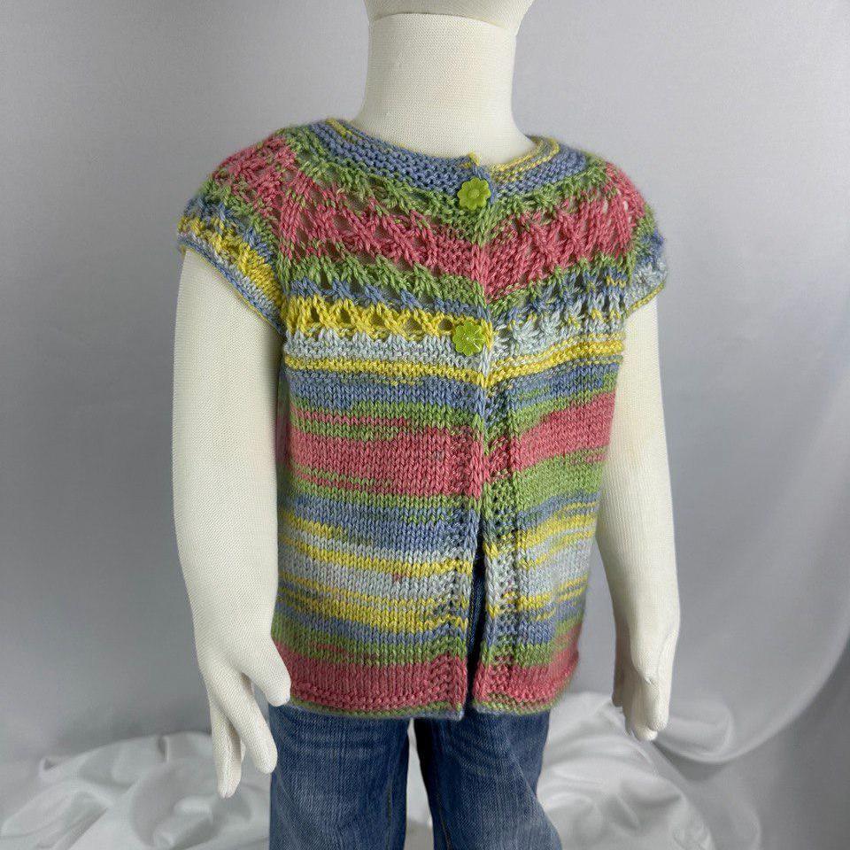 Hand Knitted Rainbow Baby Vest, Sleeveless Cotton Cardigan,6-12 Month