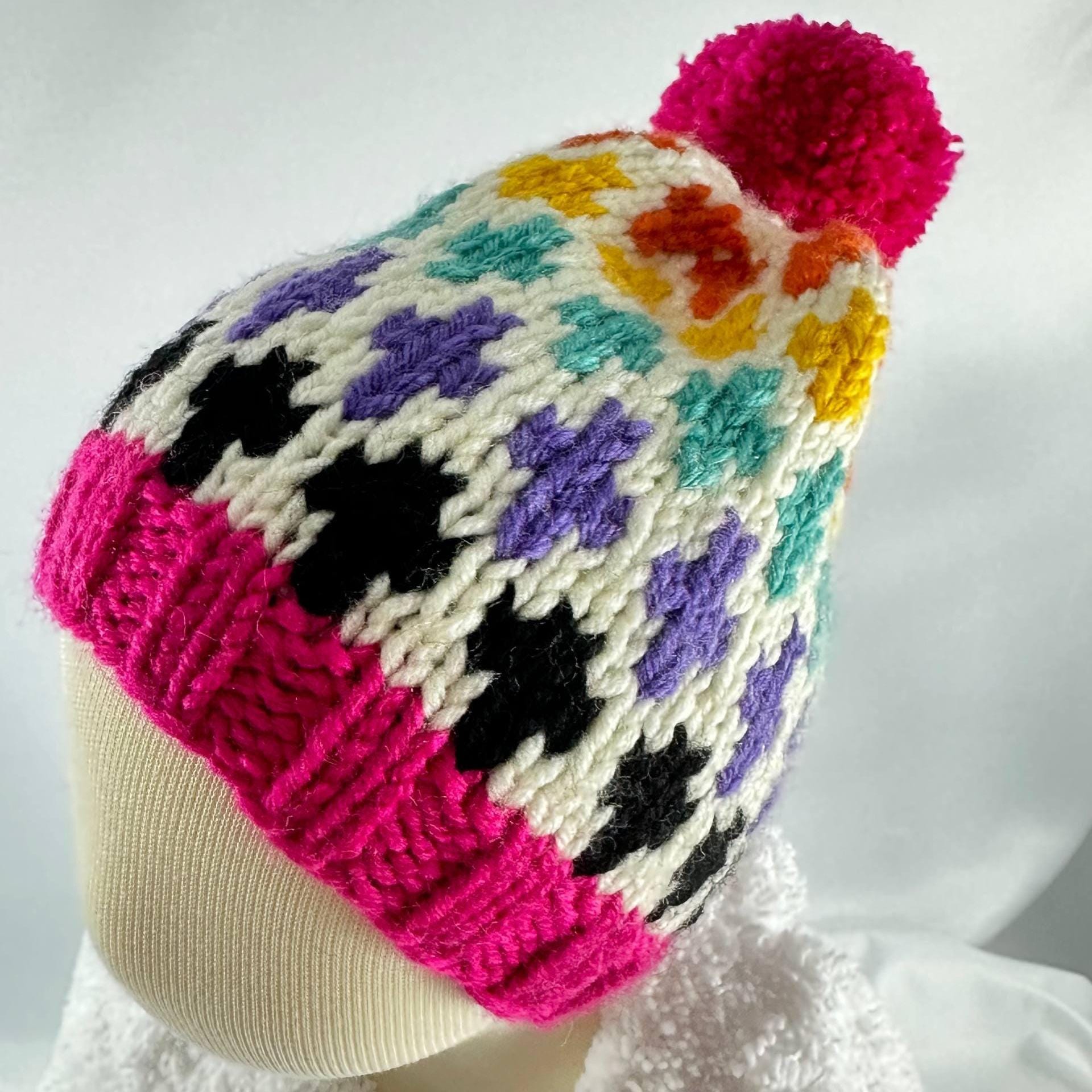 Knitting Colorful Pattern Beanie, Hand knitted Pom Pom Winter Hat