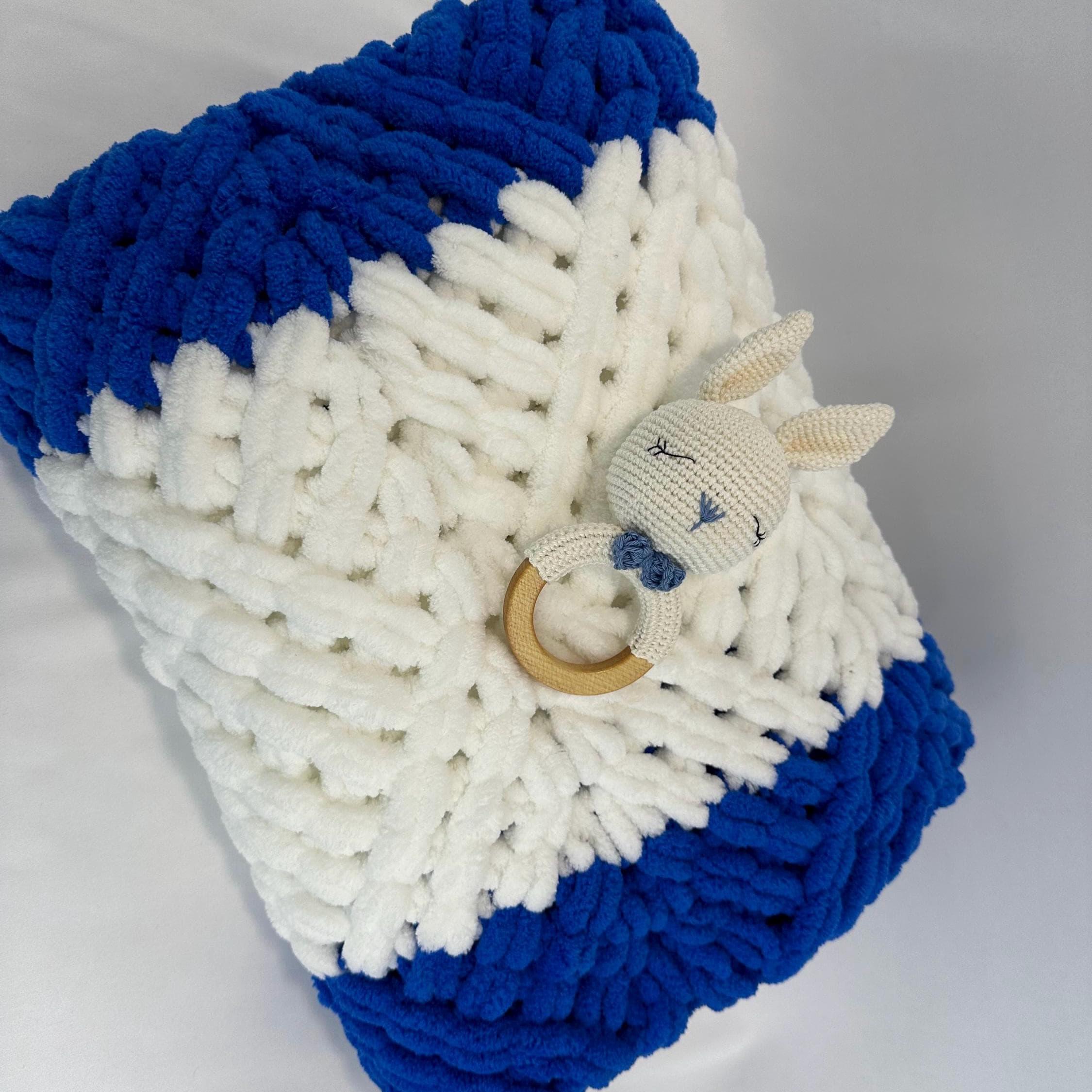 Hand Knitted Chunky Baby Blanket, Blue and White Nursery Decor