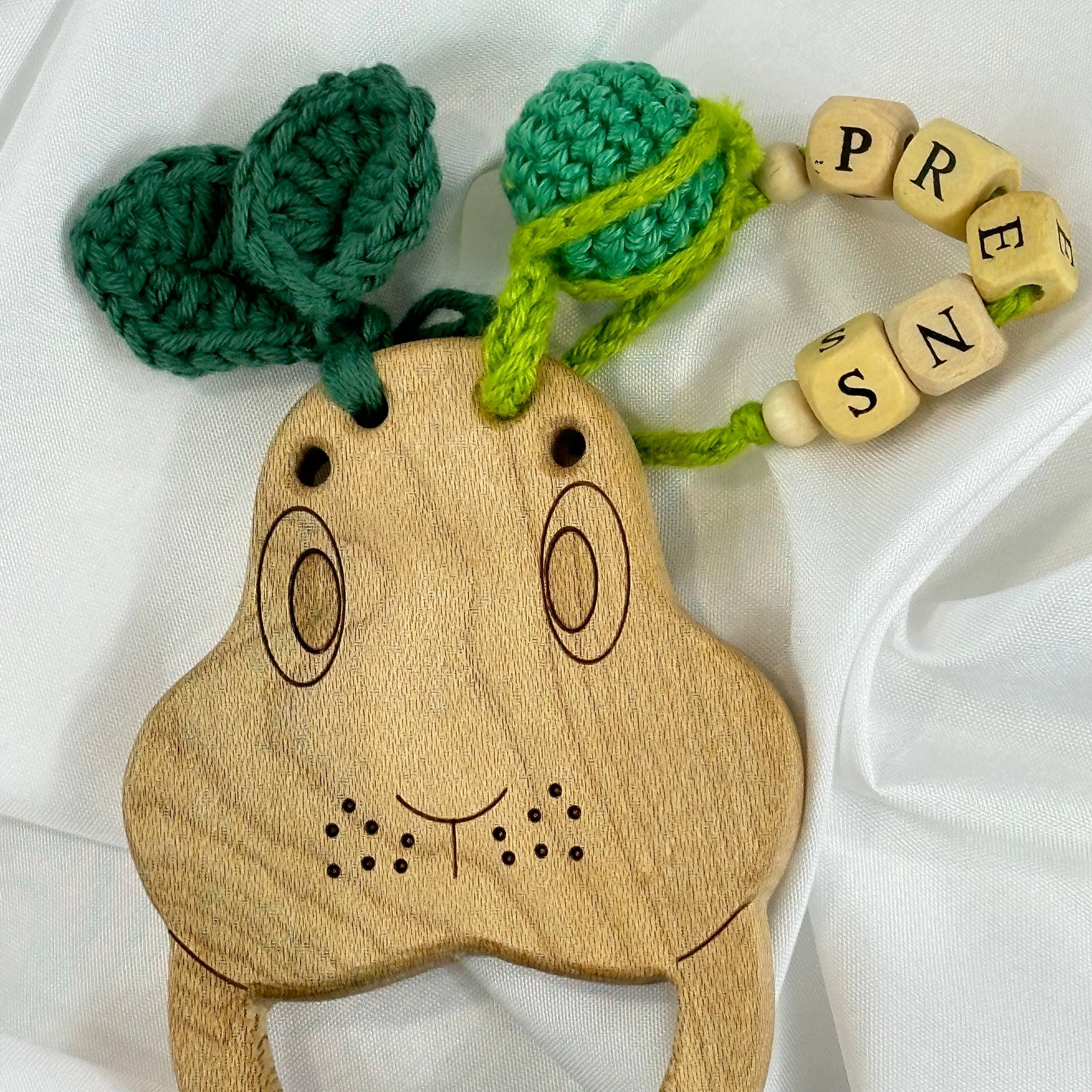 Handmade Crochet Tree Frog Baby Rattle, Wooden Beads and Sensory Toy