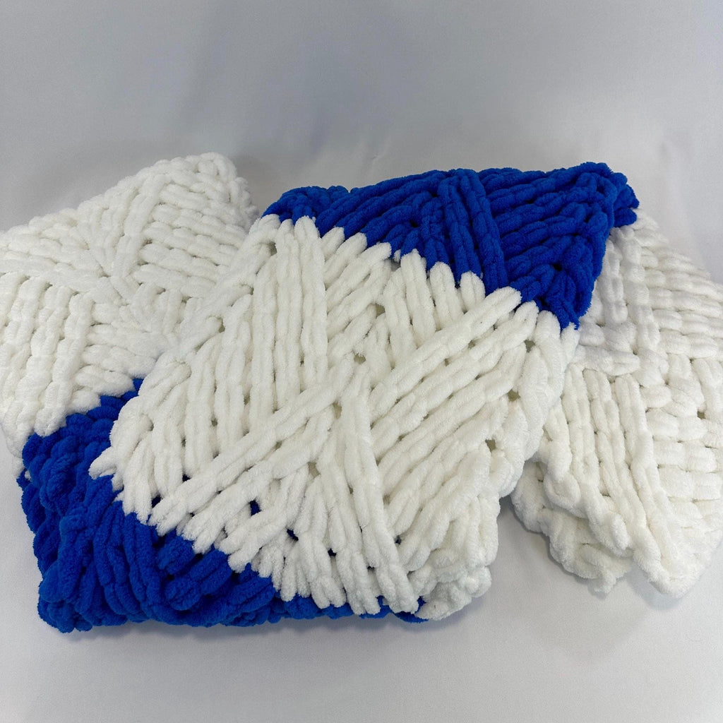 Hand Knitted Chunky Baby Blanket, Blue and White Nursery Decor