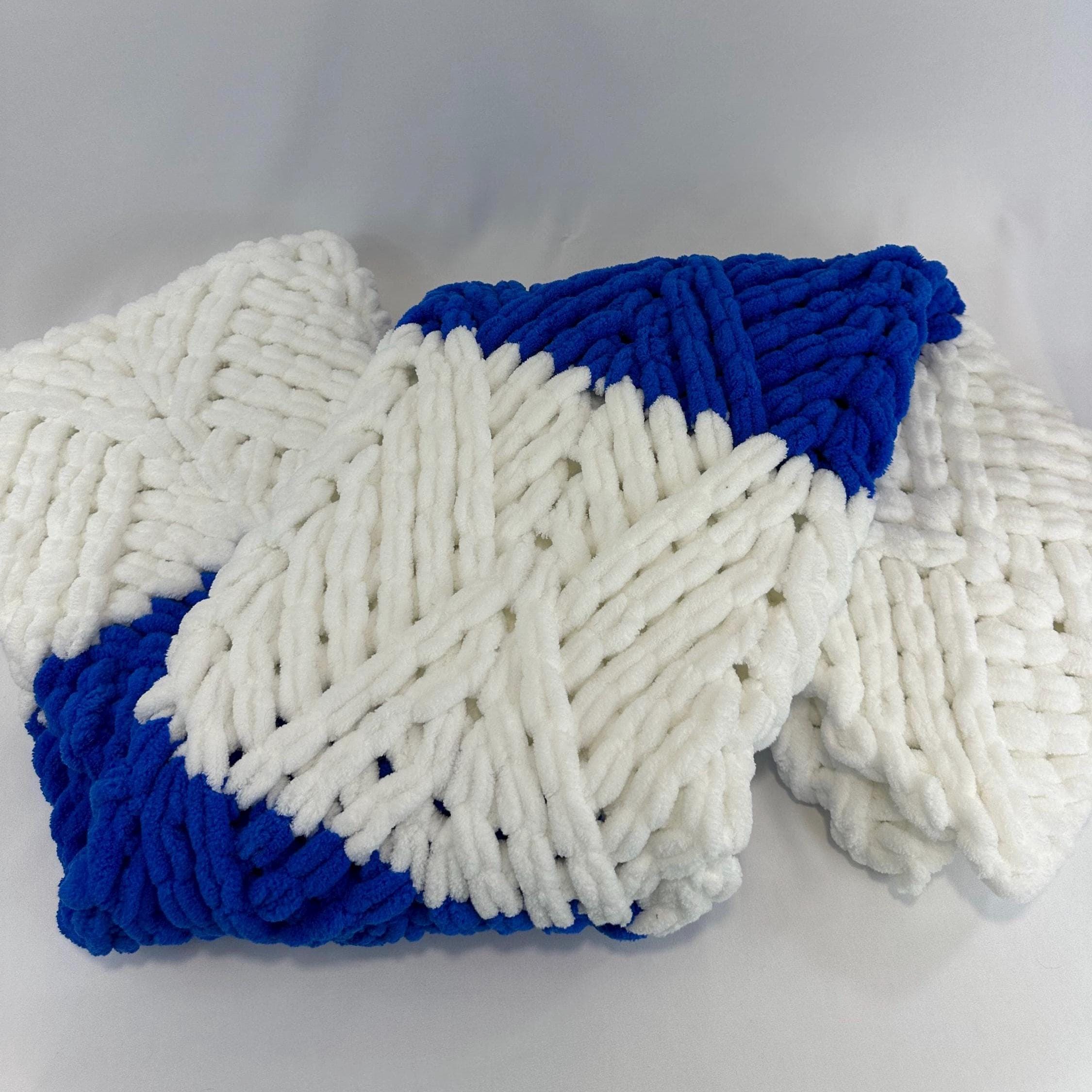 Hand Knitted Chunky Baby Blanket, Blue and White Nursery Decor
