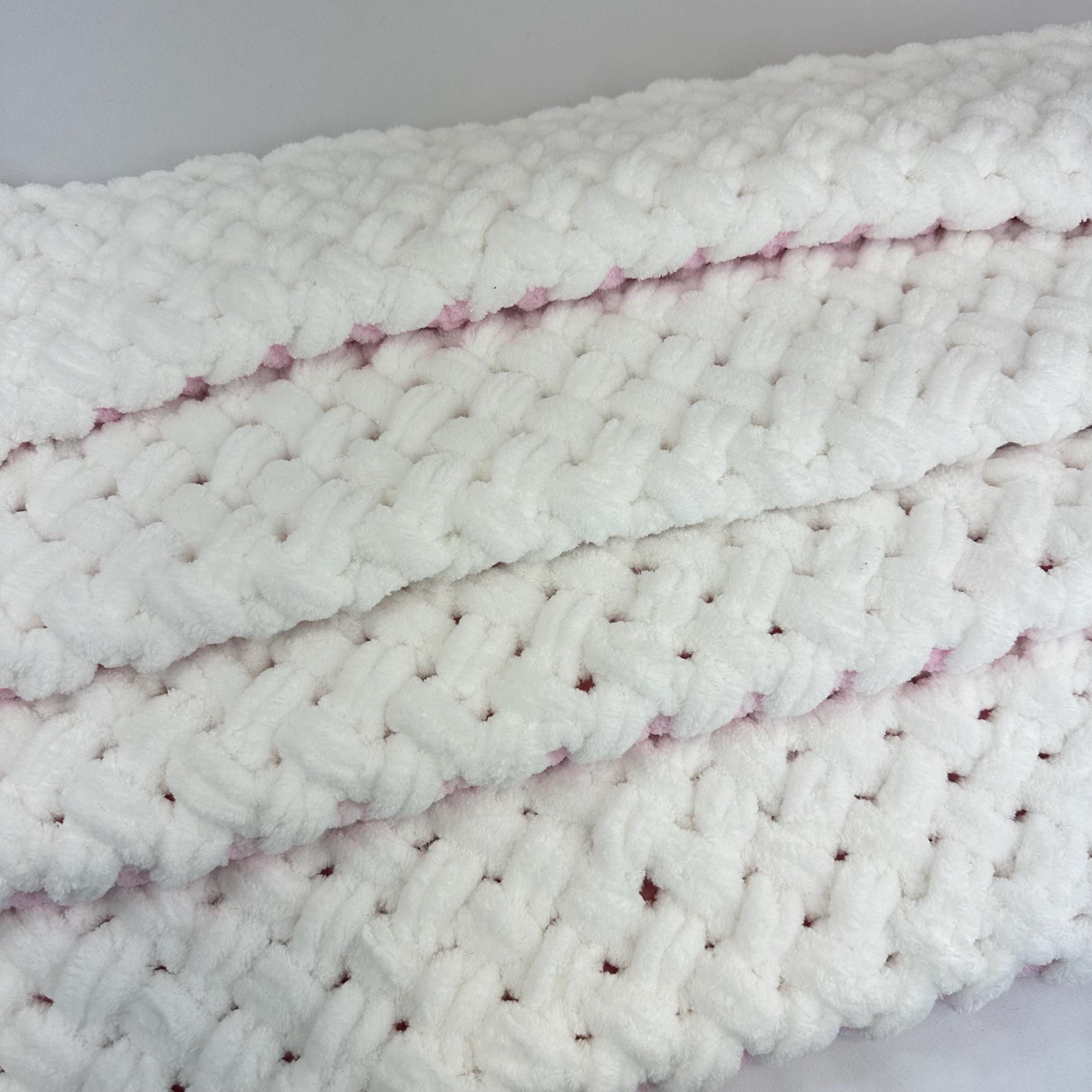 Hand Knitted Chunky Baby Blanket, Pink and White Nursery Decor