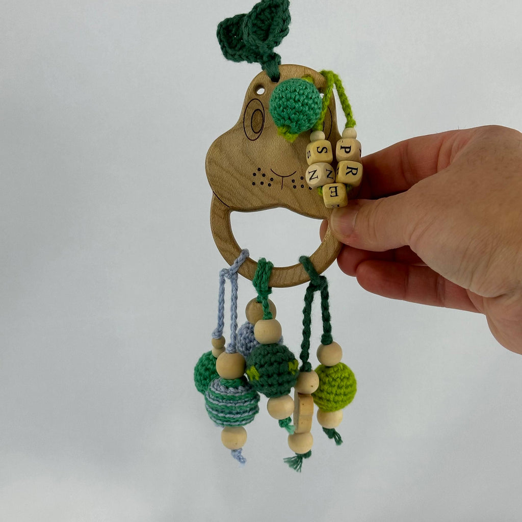 Handmade Crochet Tree Frog Baby Rattle, Wooden Beads and Sensory Toy
