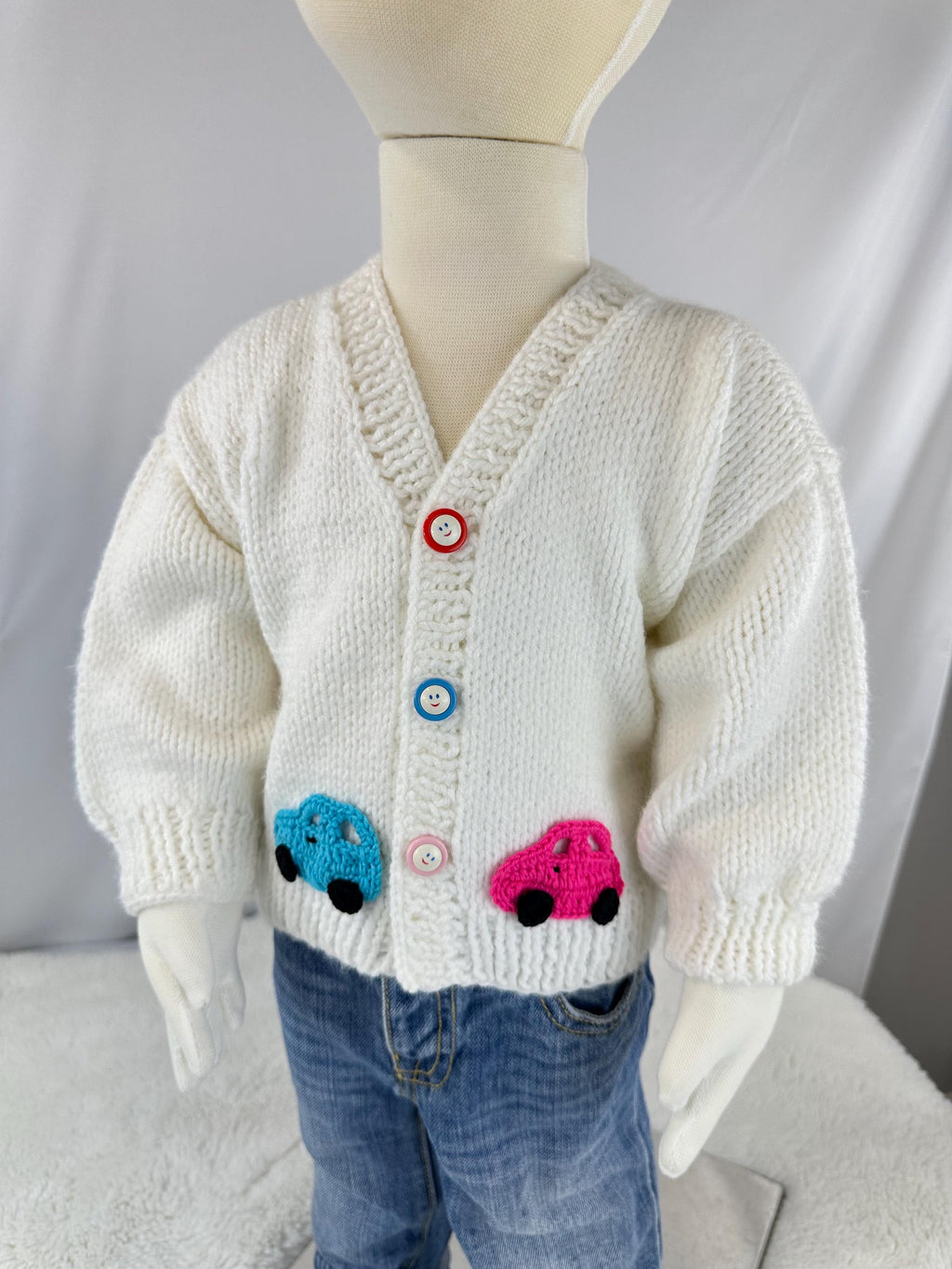 Handmade Knit Baby Cardigan (6-12 Months), Car Appliques