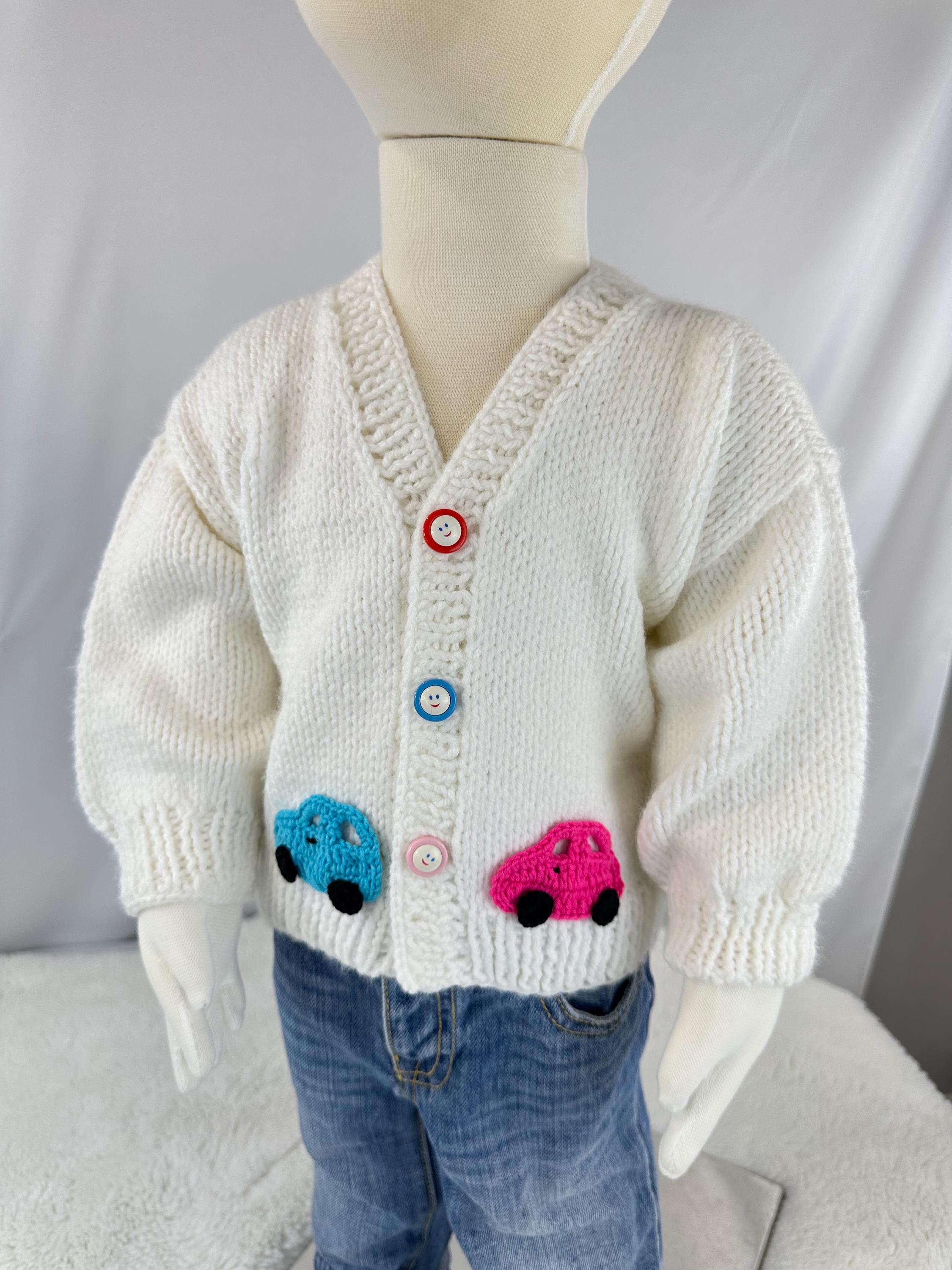 Handmade Knit Baby Cardigan (6-12 Months), Car Appliques