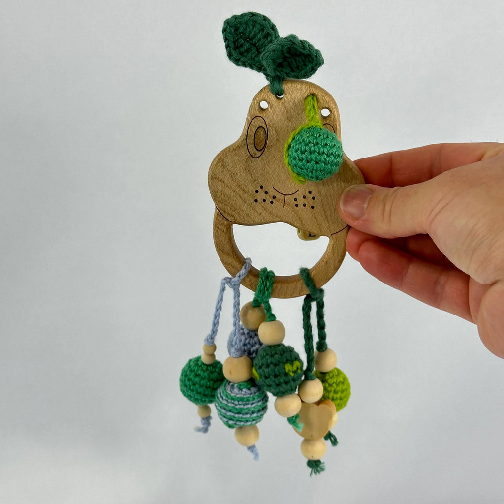 Handmade Crochet Tree Frog Baby Rattle, Wooden Beads and Sensory Toy