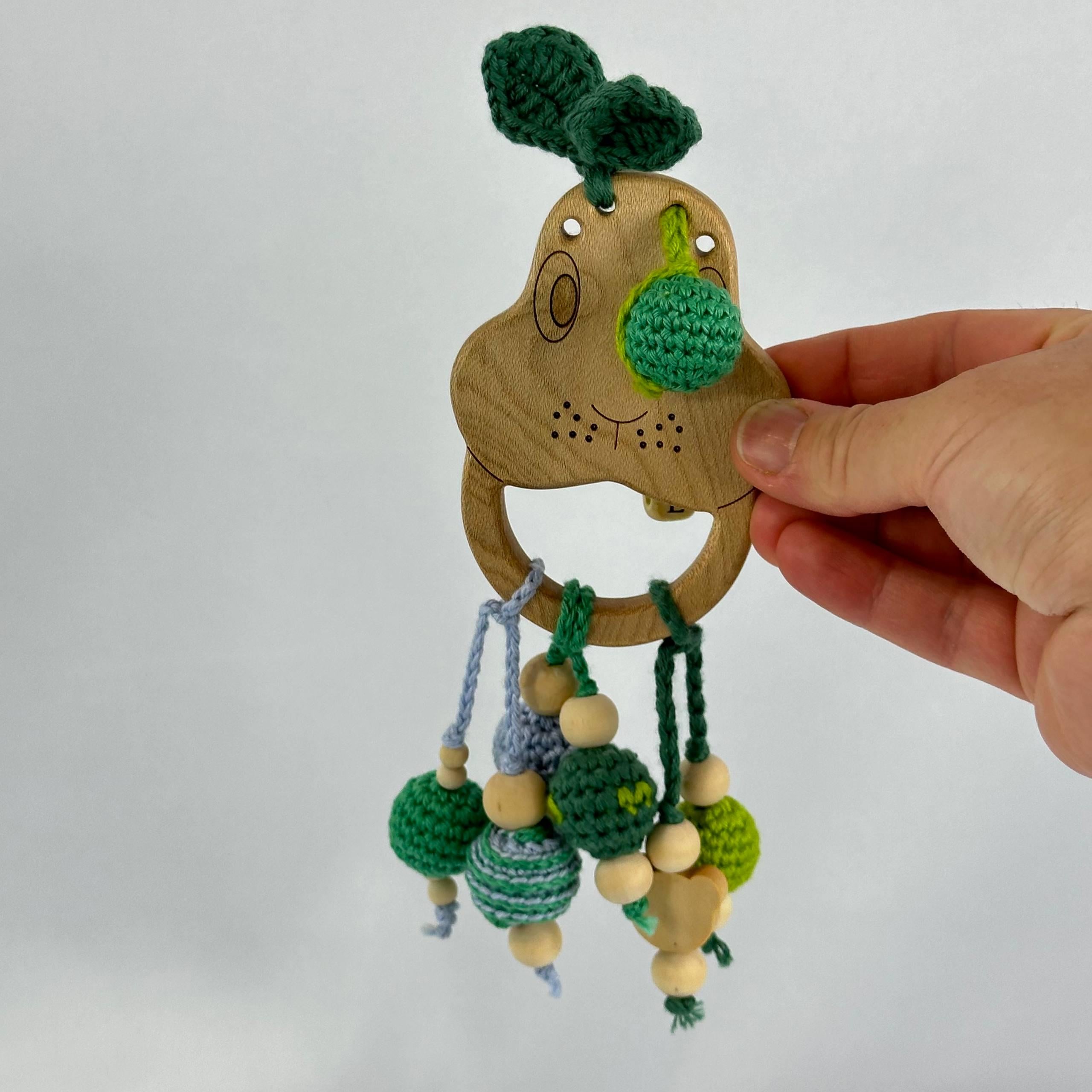 Handmade Crochet Tree Frog Baby Rattle, Wooden Beads and Sensory Toy