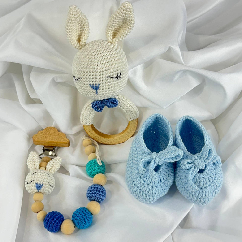 Handmade Crochet Baby Gift Set, Bunny Rattle, Pacifier Clip and Baby Booties