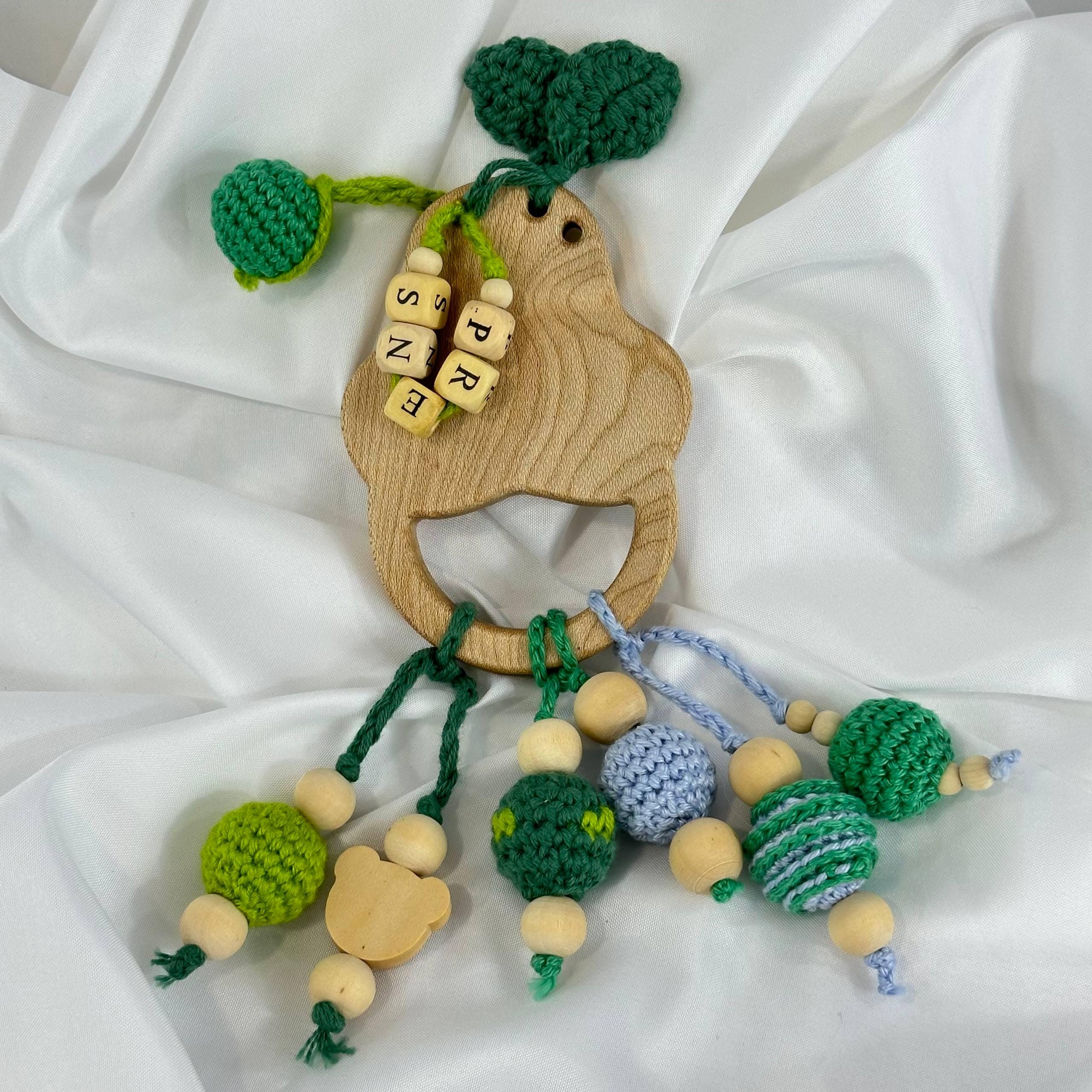 Handmade Crochet Tree Frog Baby Rattle, Wooden Beads and Sensory Toy